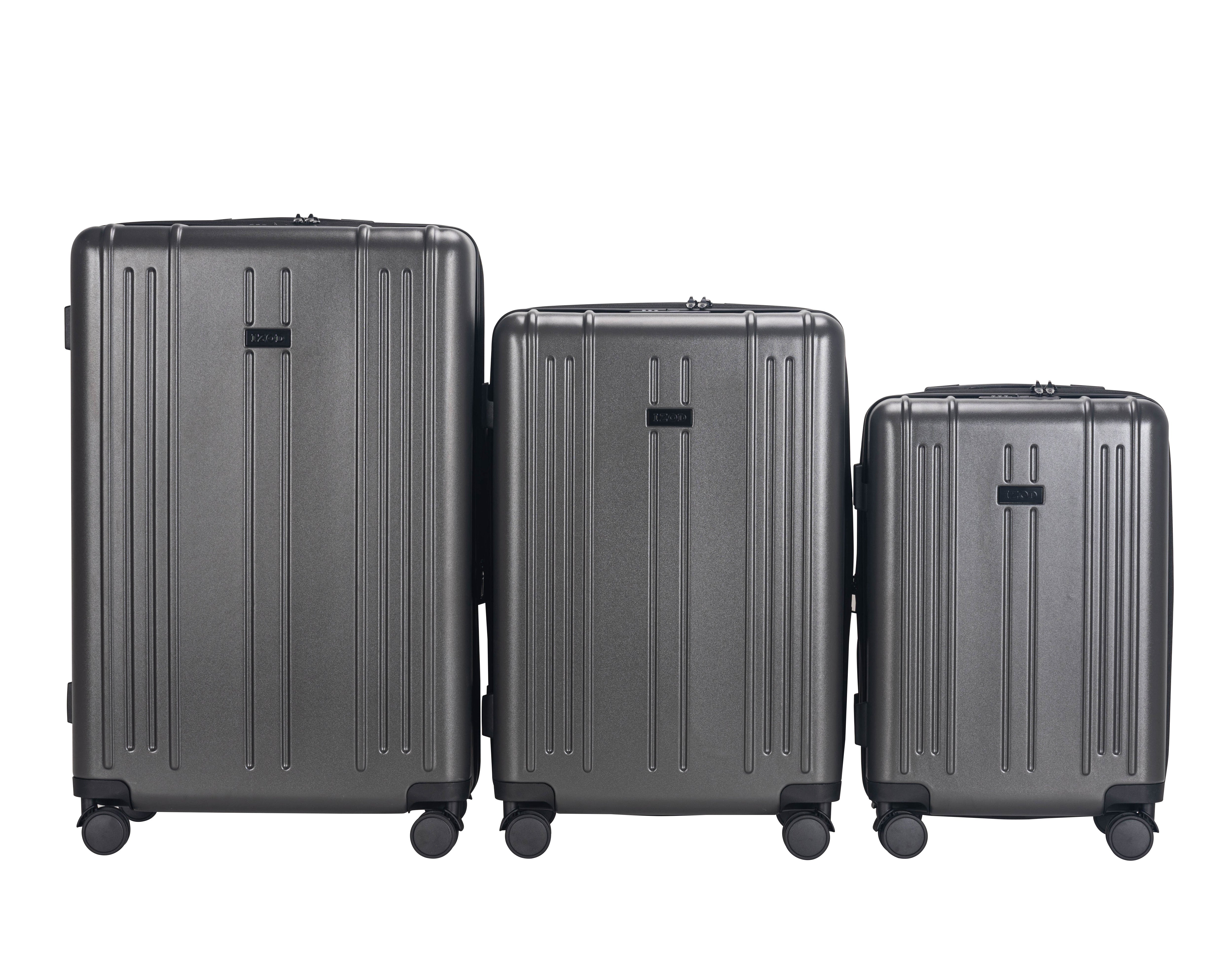 Three gray suitcases of different sizes on a white background