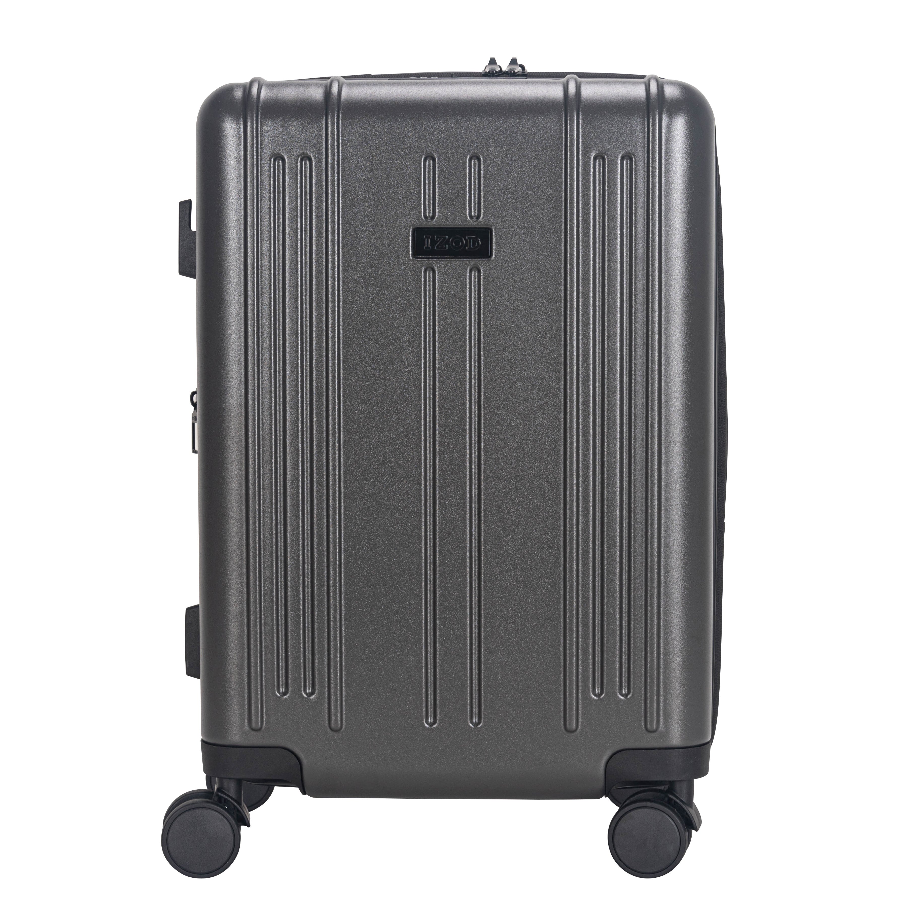 Gray suitcase with wheels on a white background