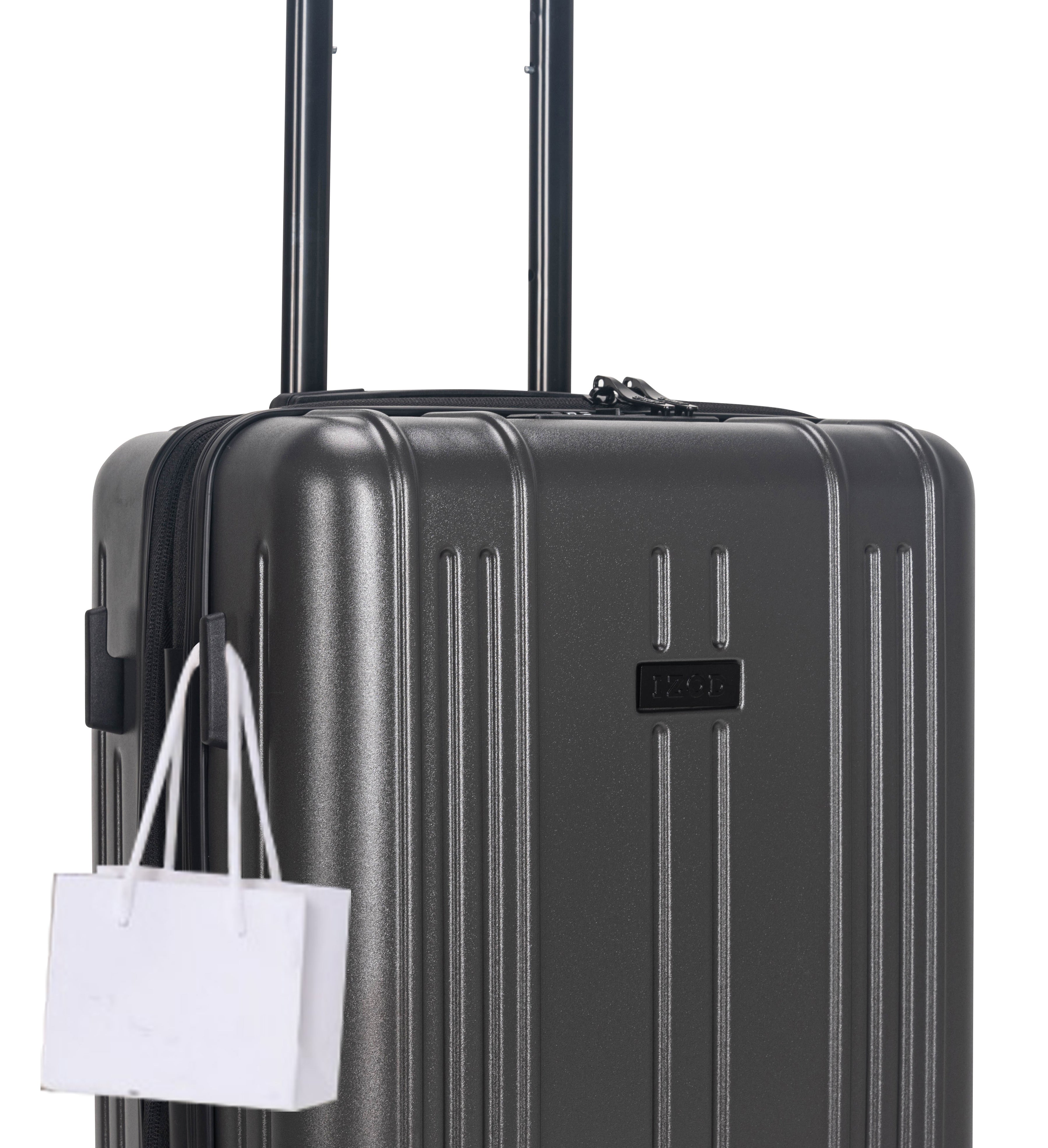 Black suitcase with a white shopping bag attached on a white background