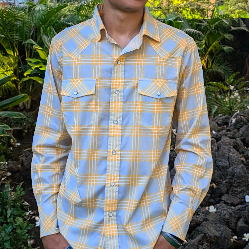 Person wearing a blue and yellow plaid shirt outdoors