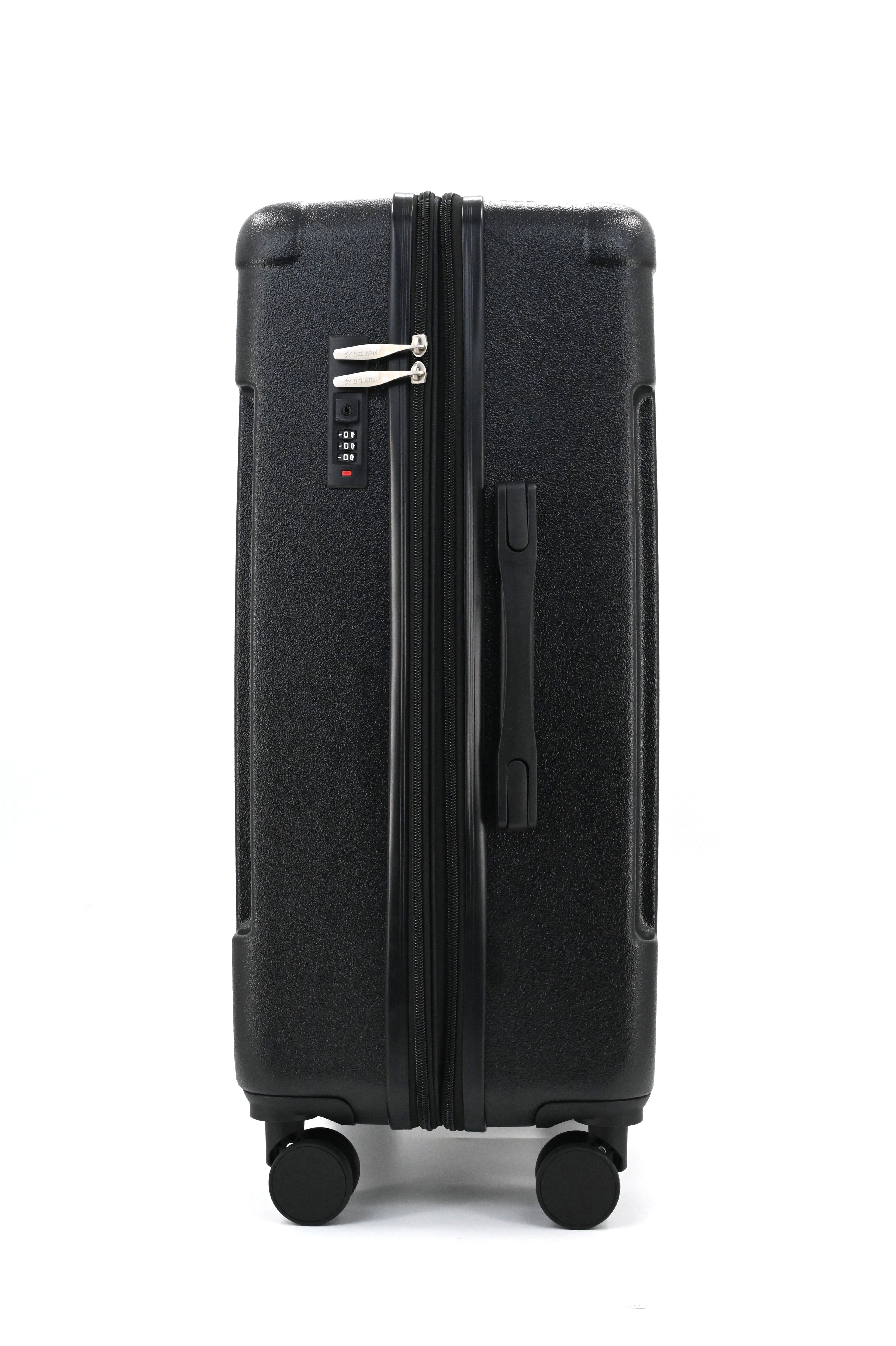 Black suitcase with wheels on a white background