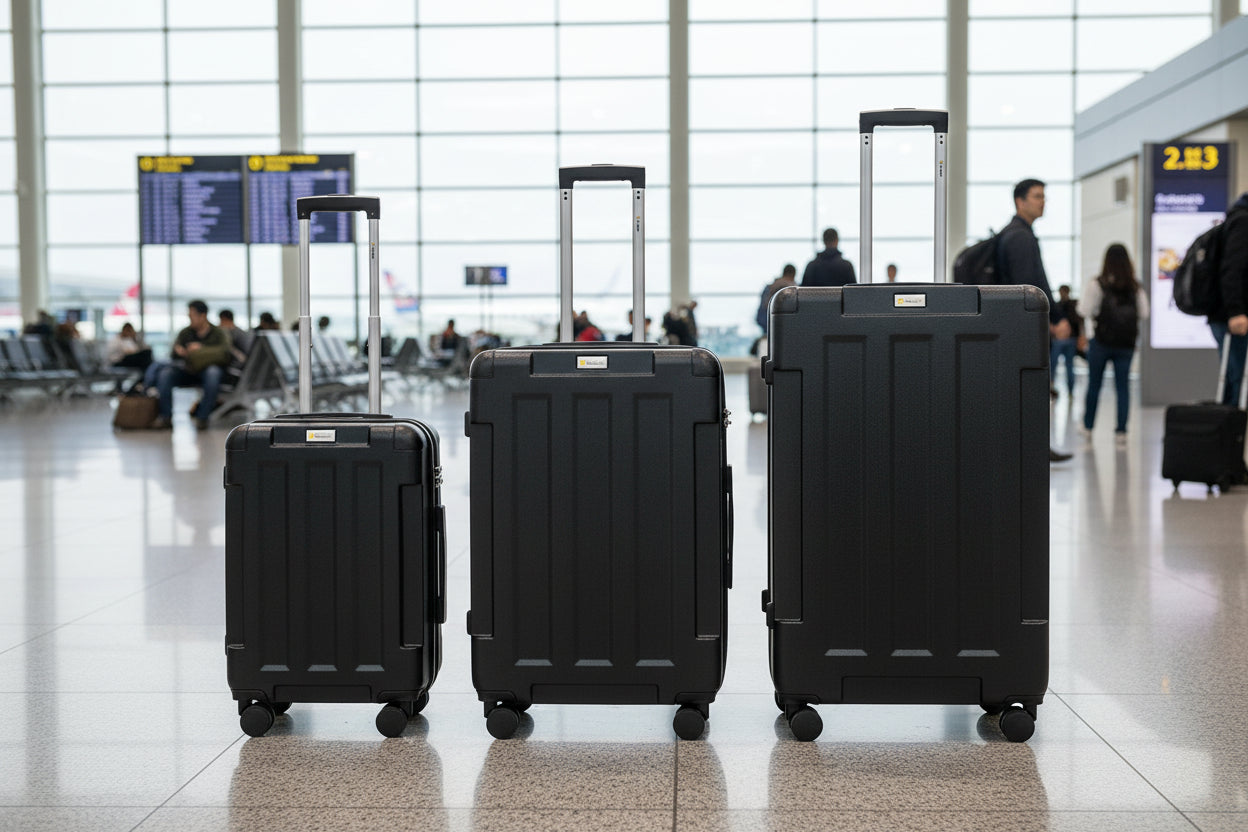 Three black suitcases of different sizes on a white background