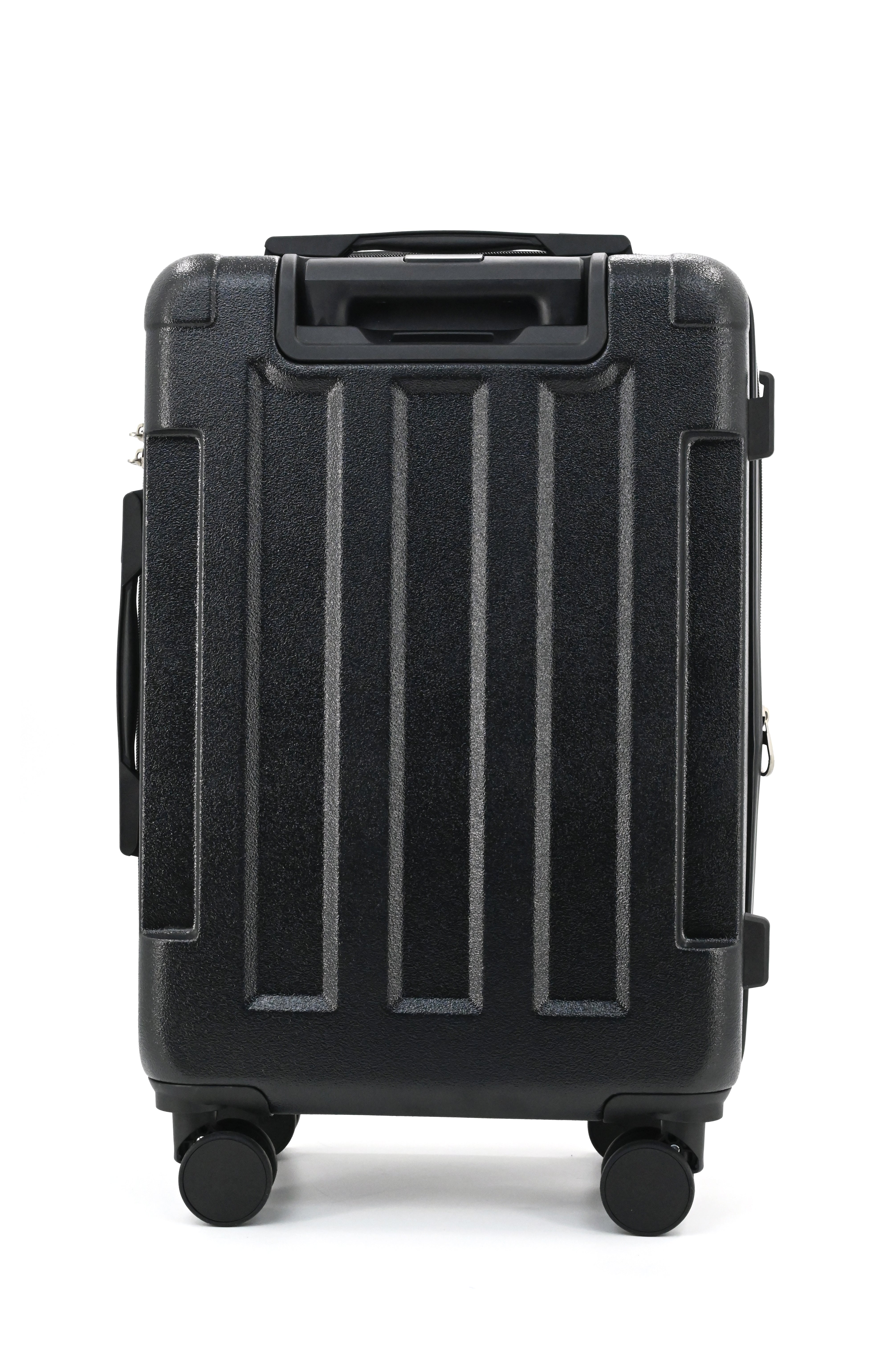 Black suitcase with a textured surface on a white background