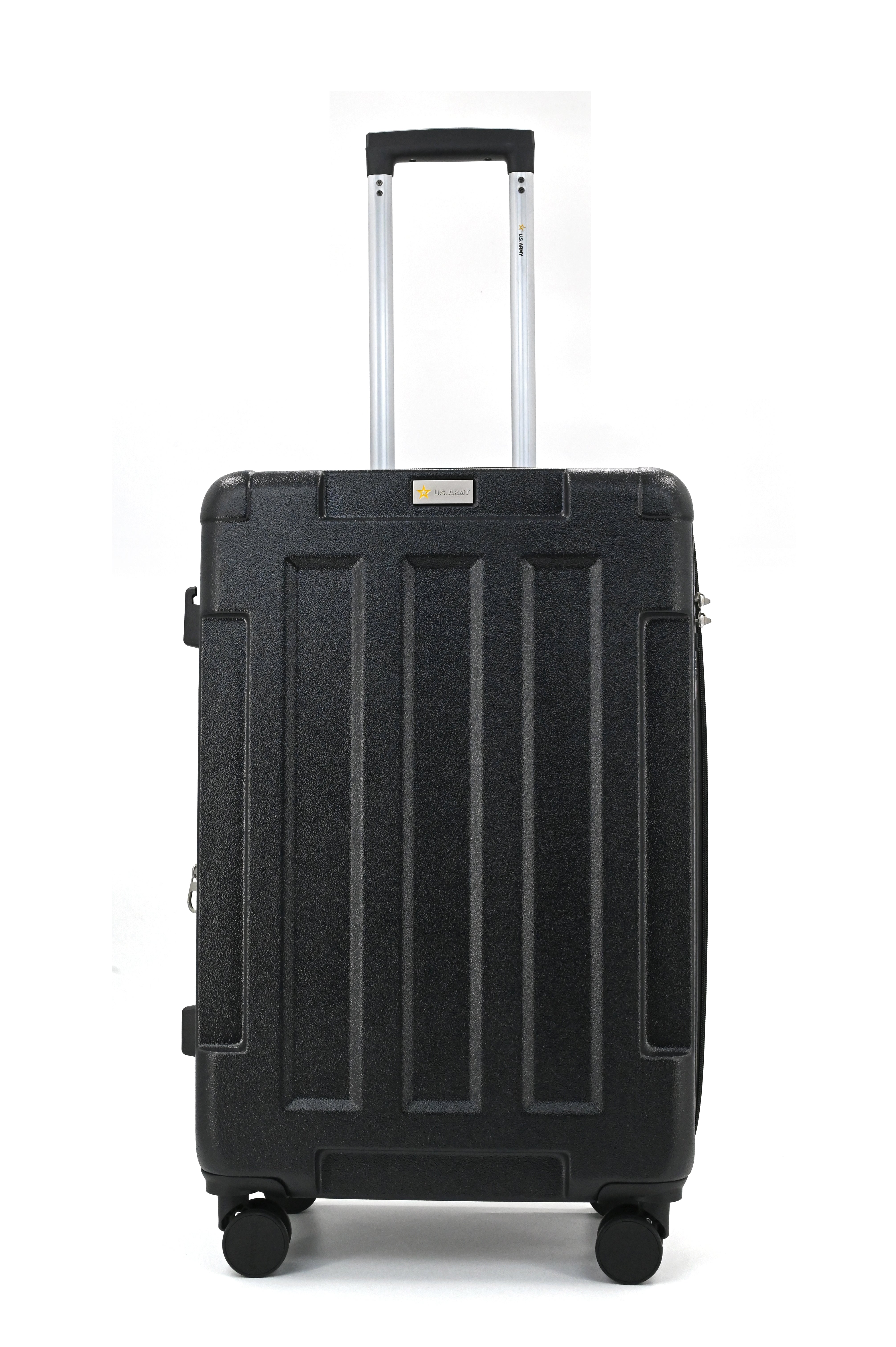 Black suitcase with a visible brand logo on a white background