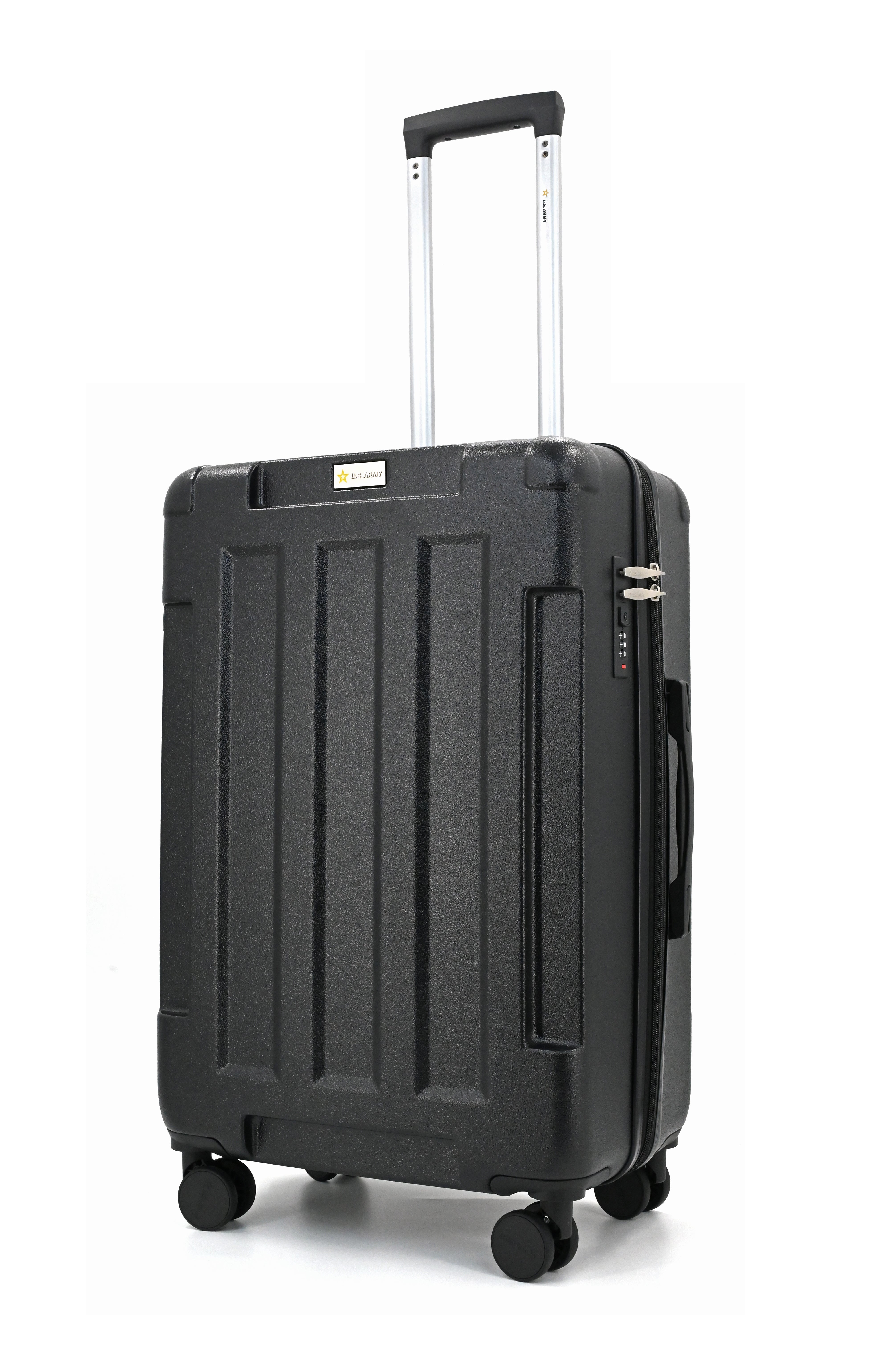 Black suitcase with wheels and handle on a white background