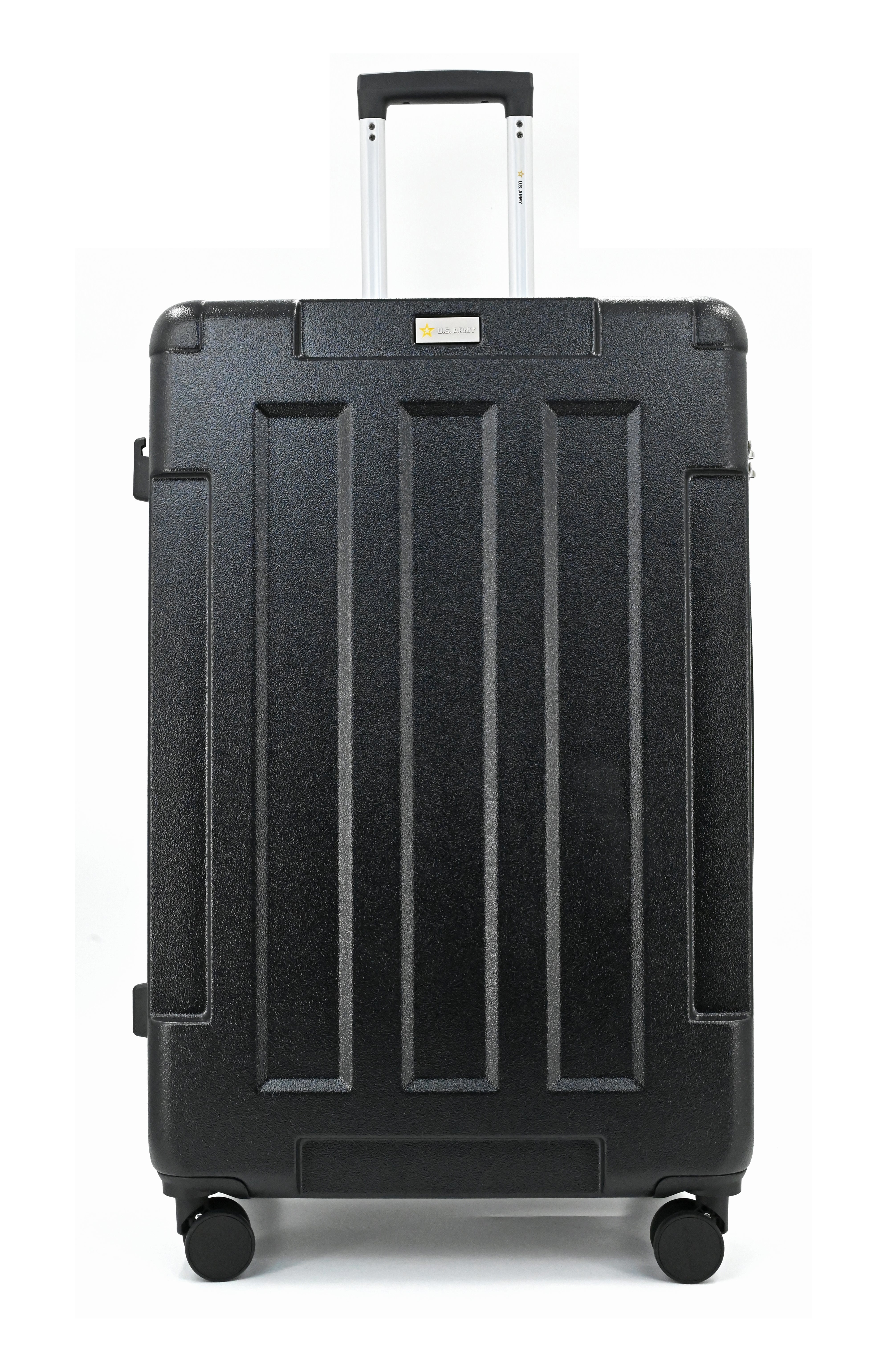 Black suitcase with a visible brand logo on a white background