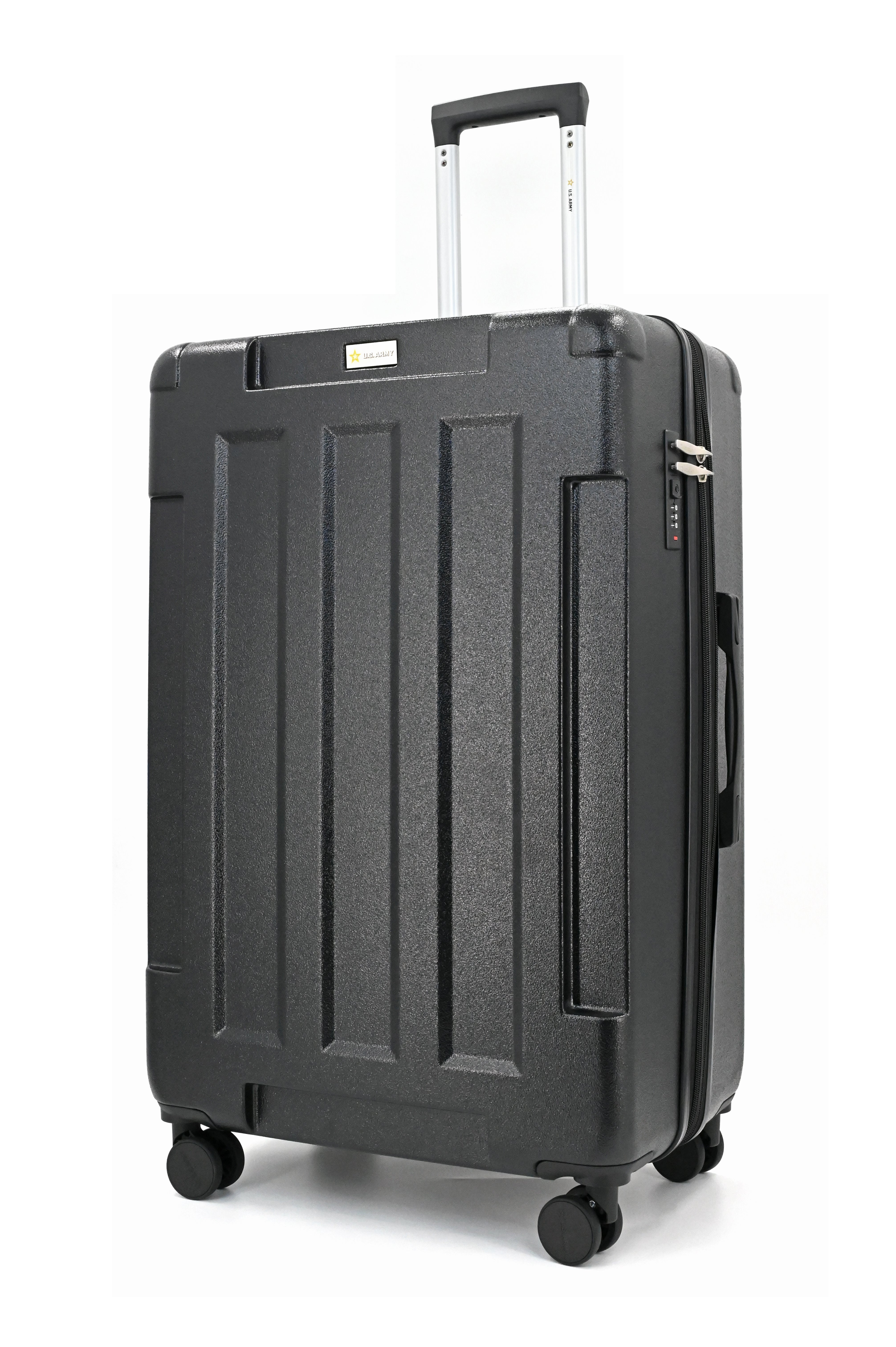 Black suitcase with wheels and handle on a white background