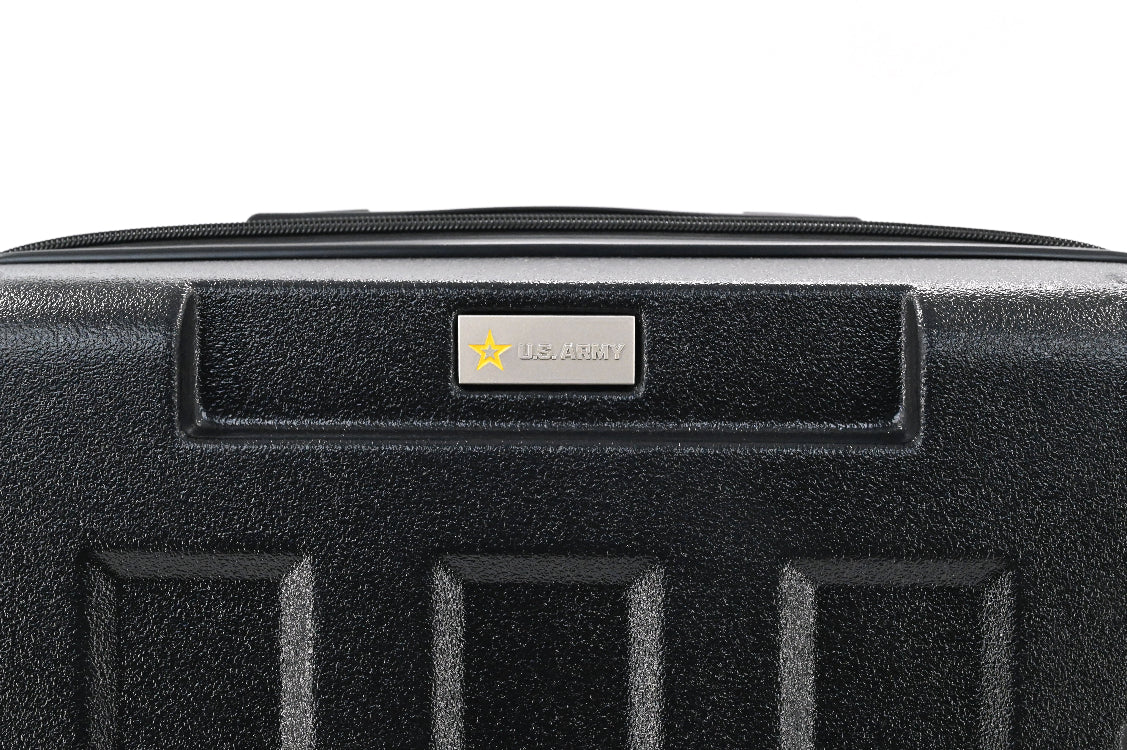 Black suitcase with a visible brand logo on a white background