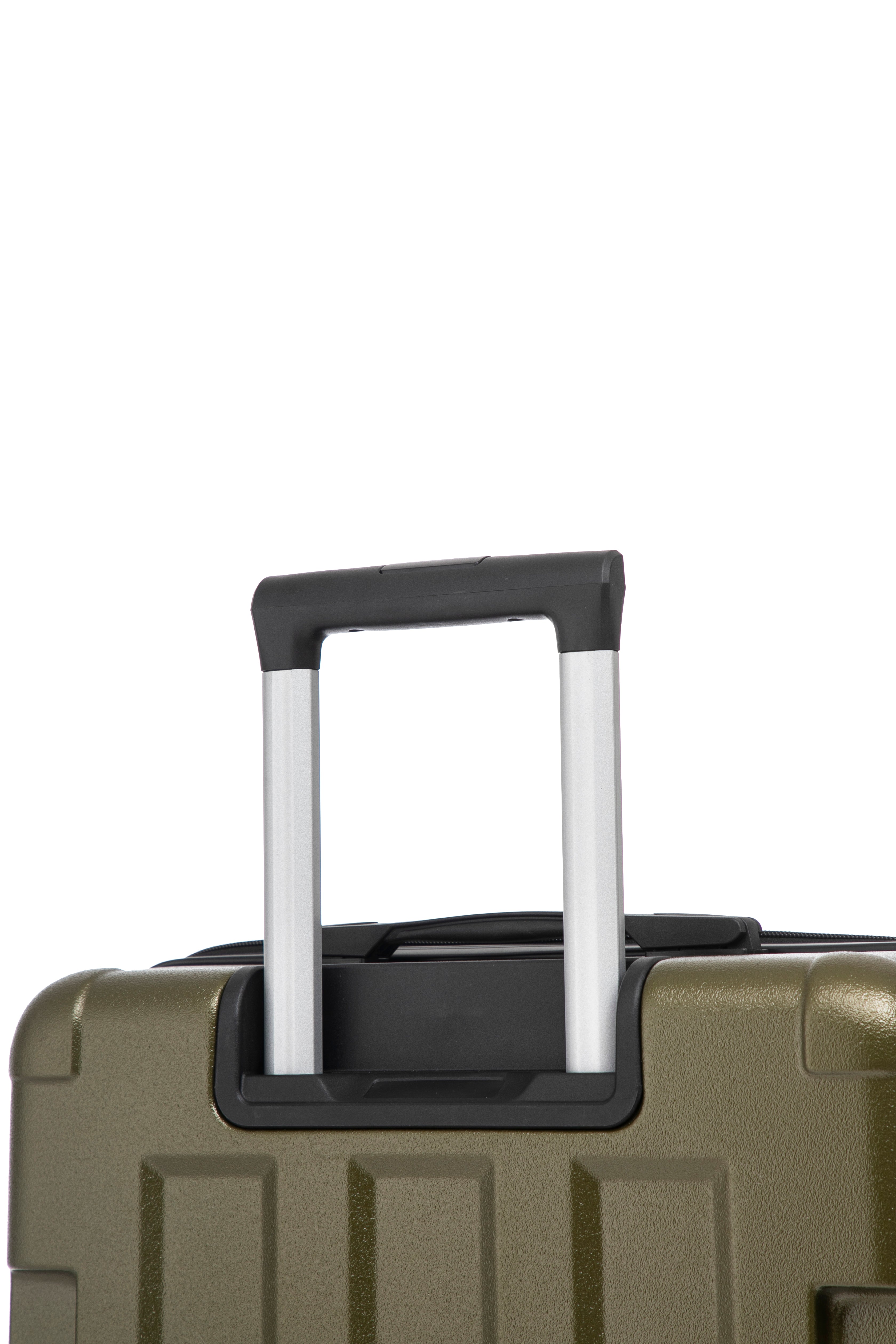 Close-up of a suitcase handle on a green suitcase with a white background