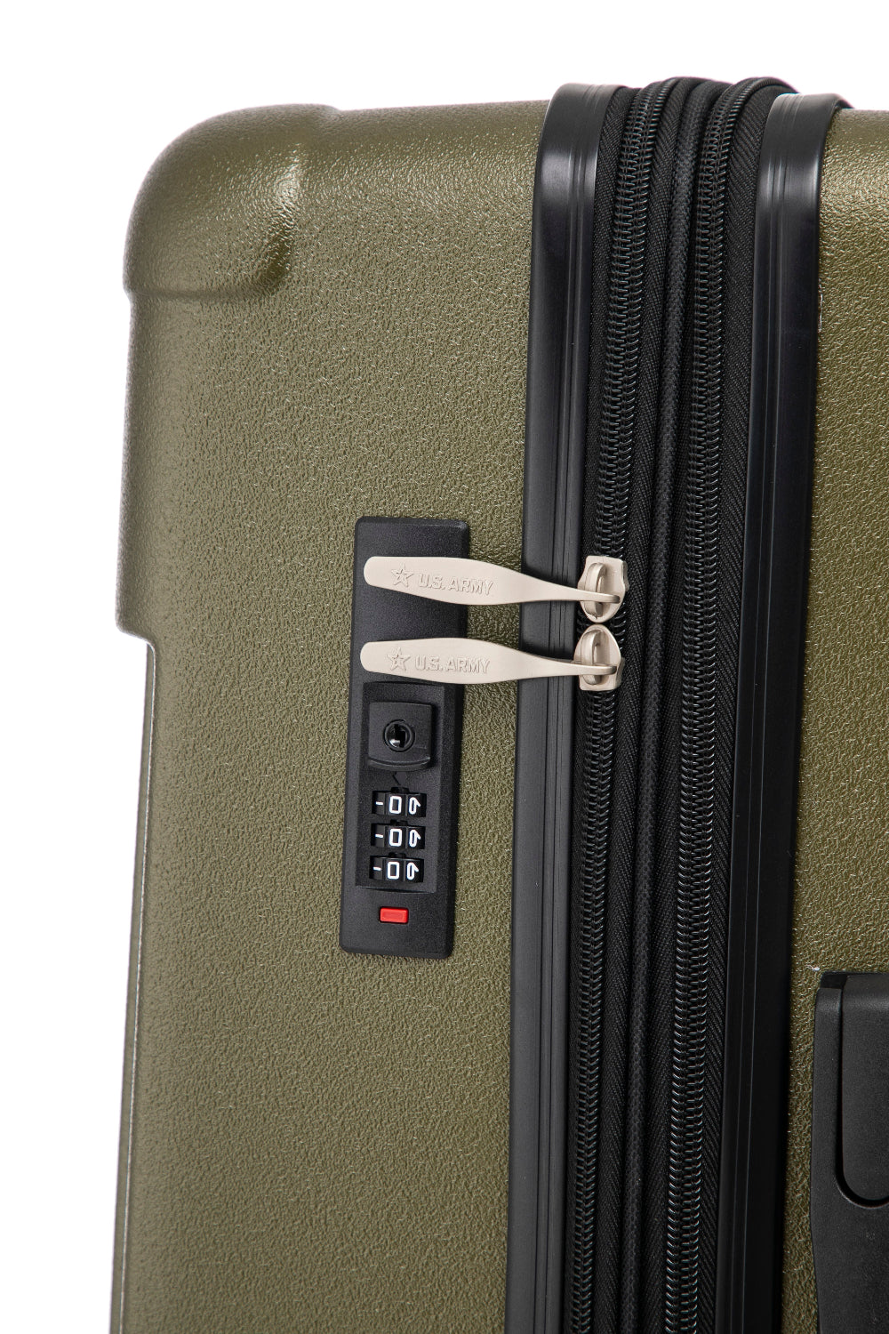 Green suitcase with a black zipper and combination lock on a white background