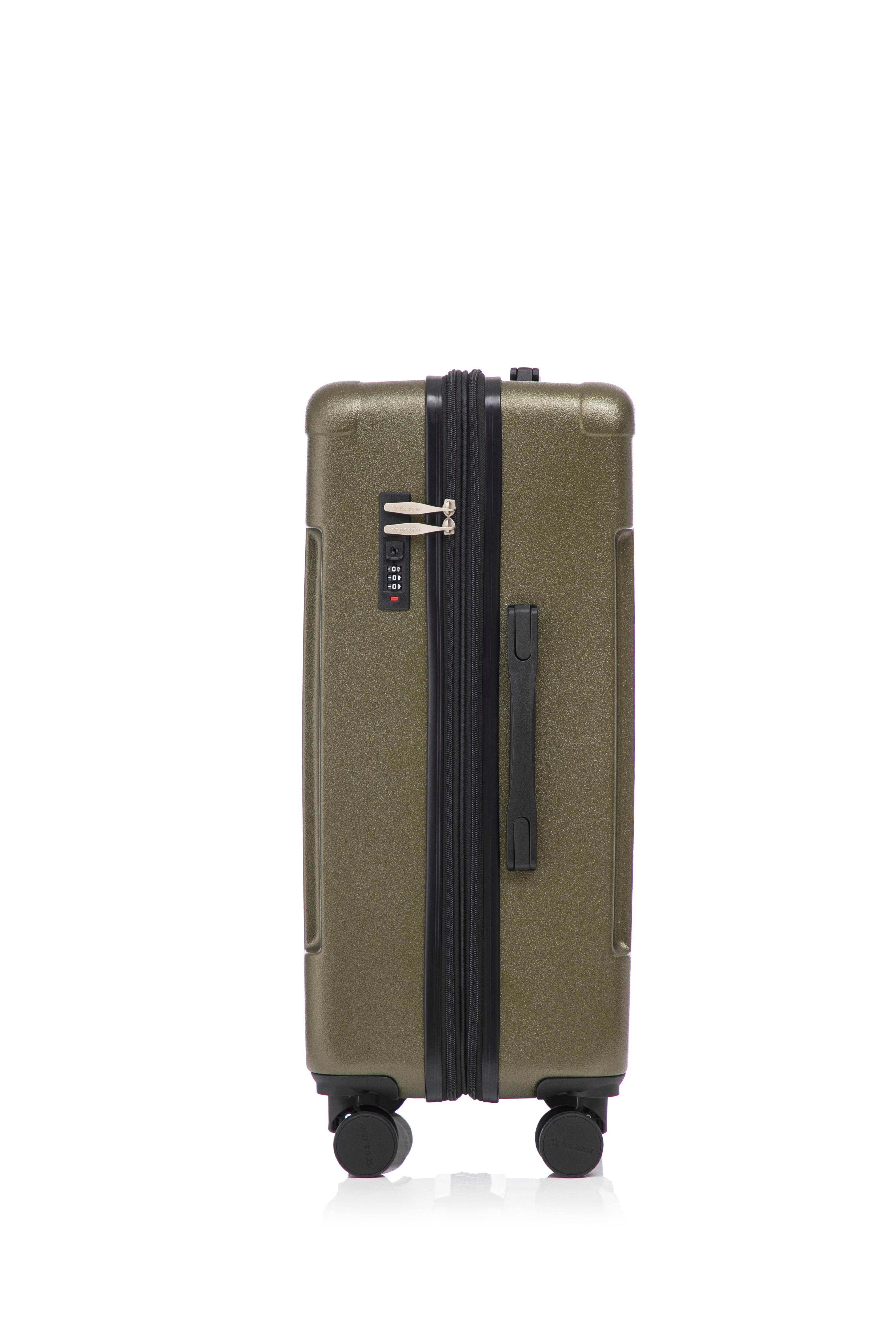 Green suitcase with black handle and wheels on a white background