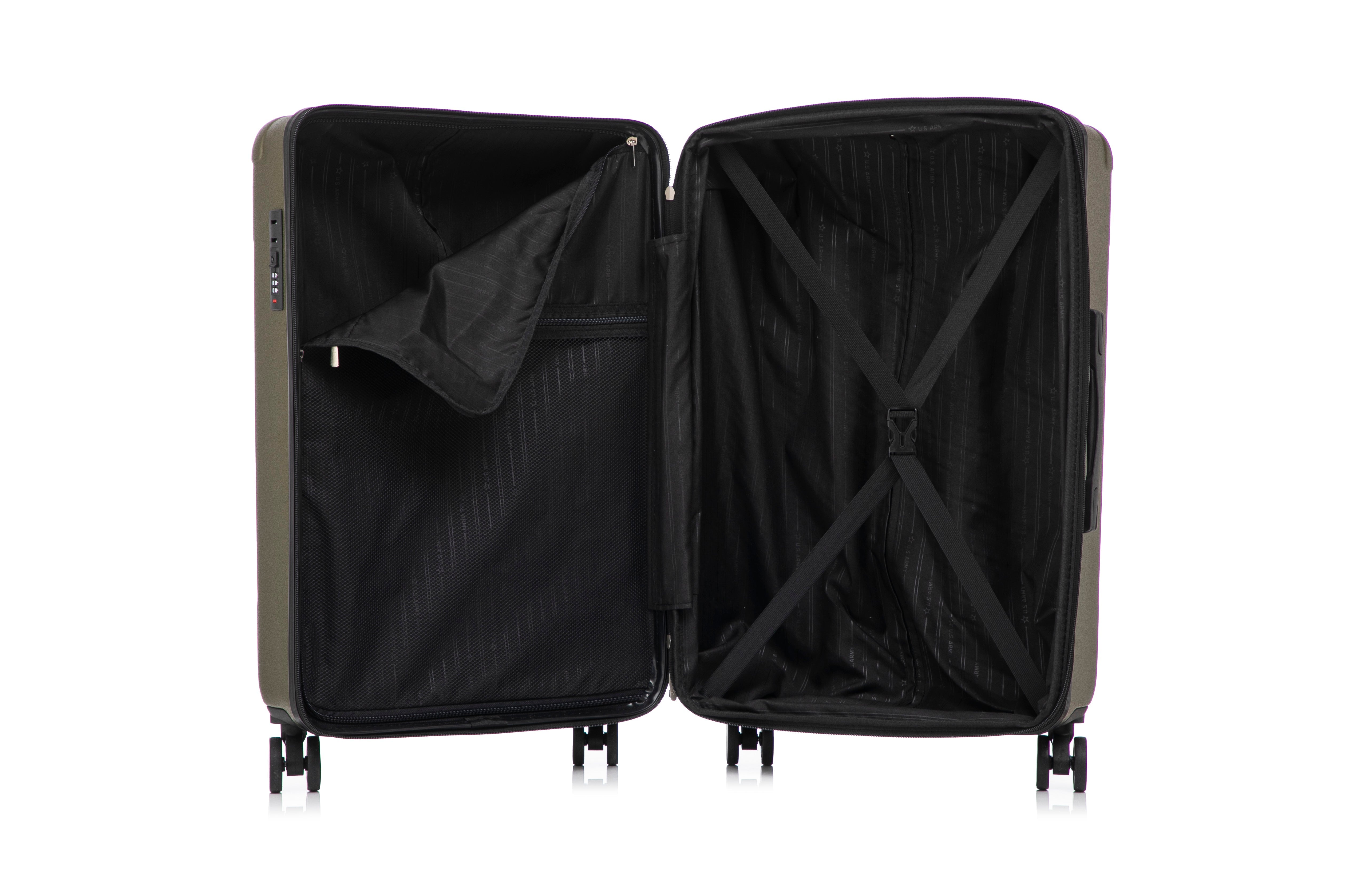 Open black suitcase on a white background
