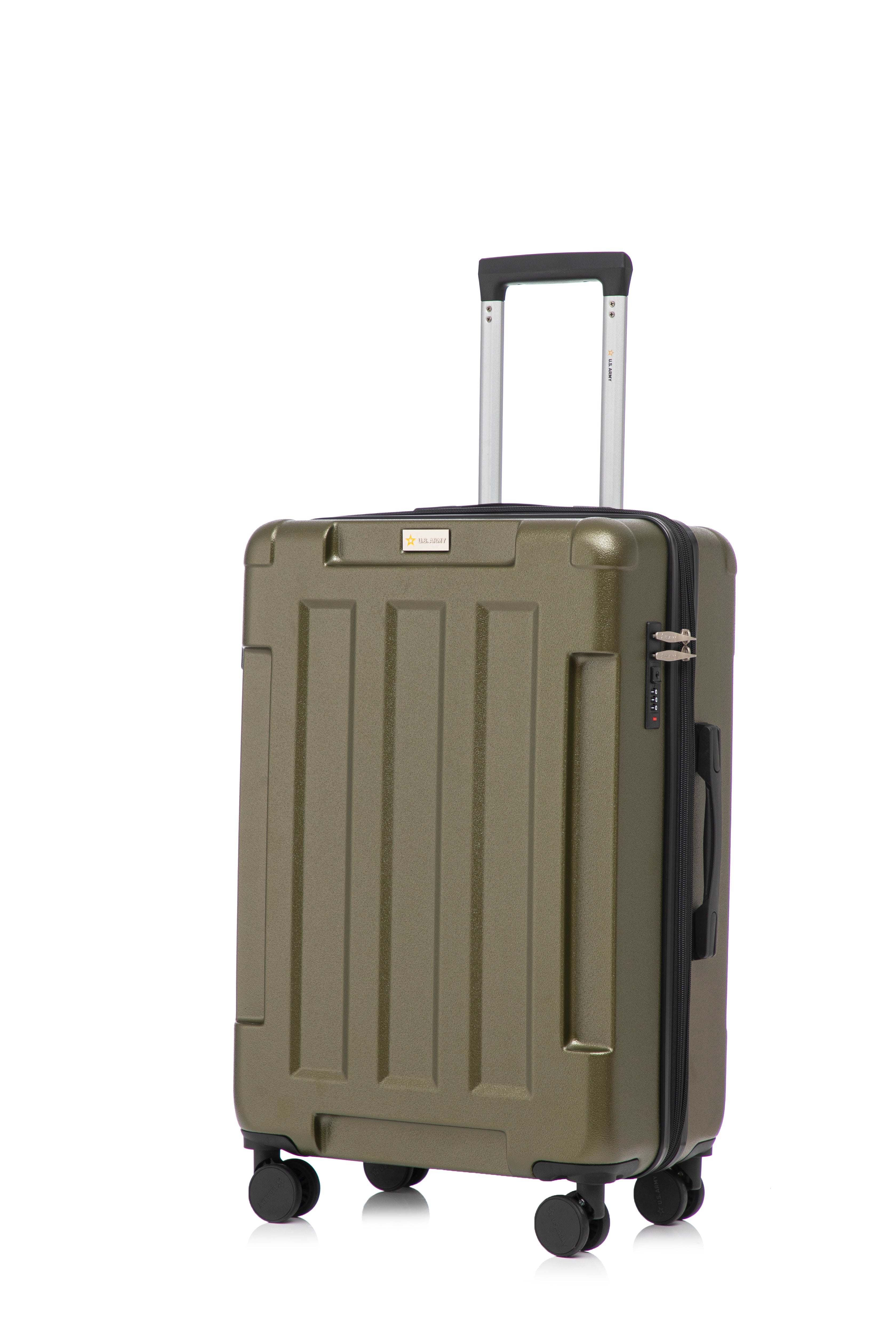Green suitcase with wheels and handle on a white background