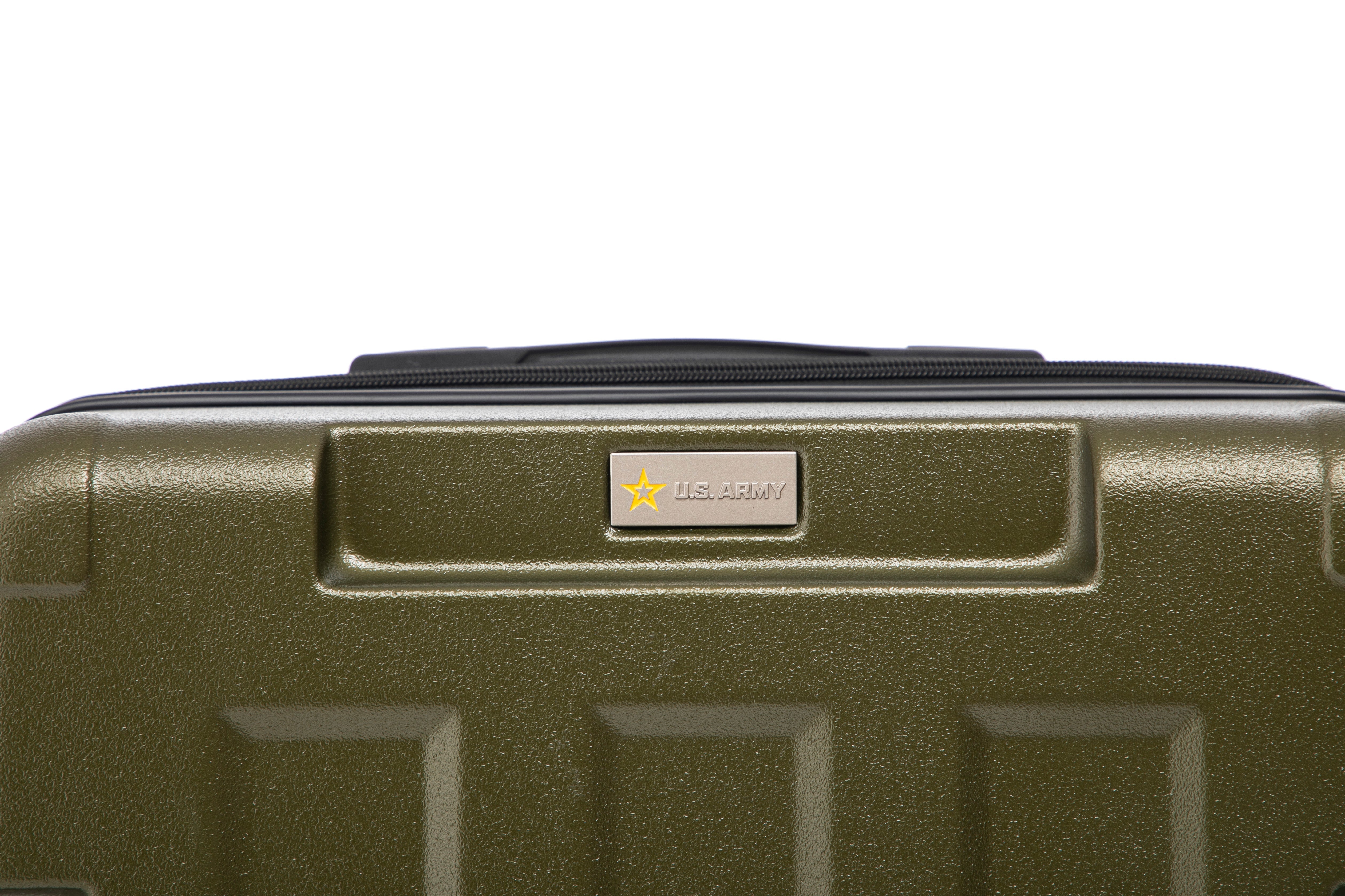 Green suitcase with a visible brand logo on a white background