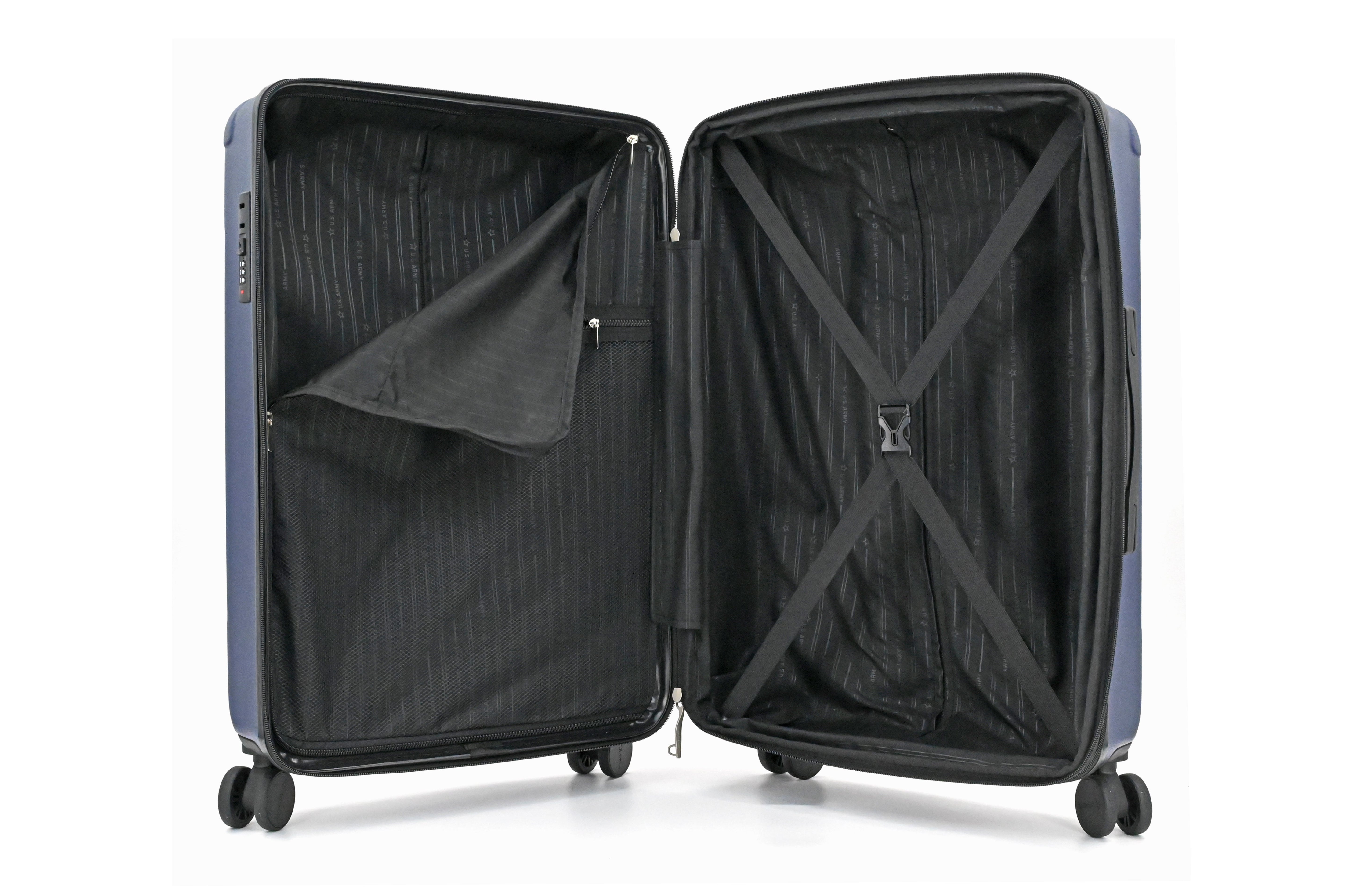 Open suitcase with interior view on a white background