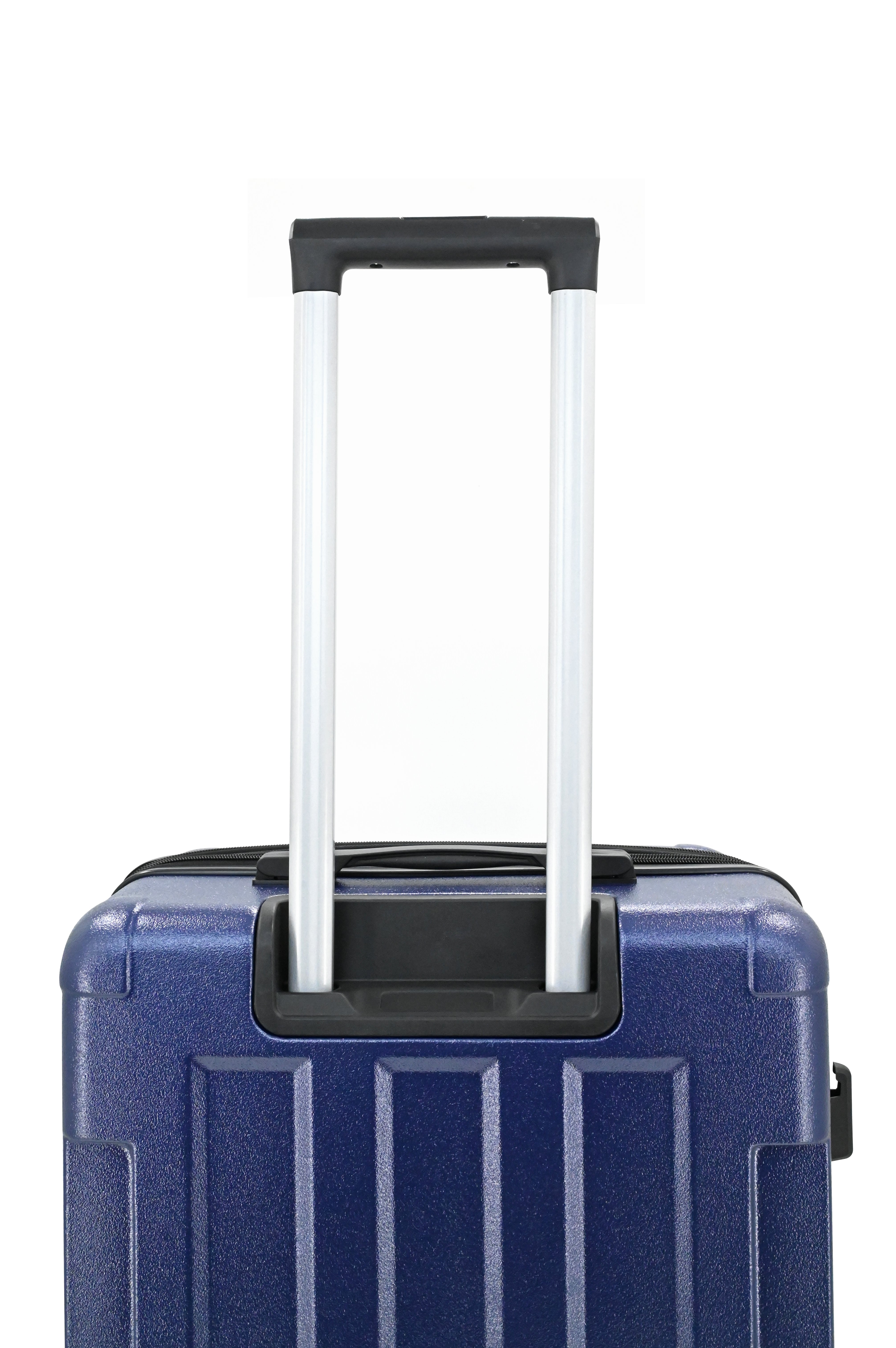 Blue suitcase with a black handle on a white background