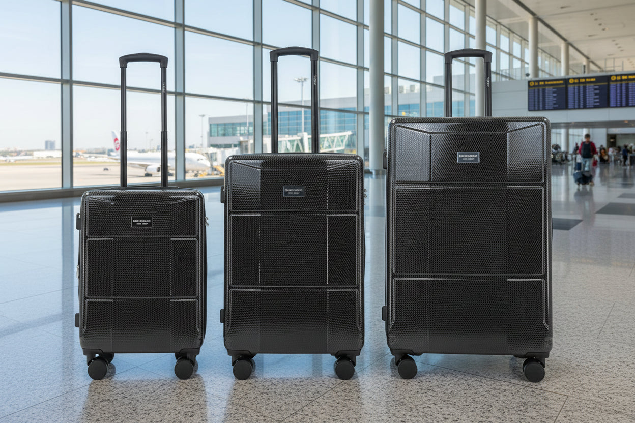 Three black suitcases of different sizes on a white background
