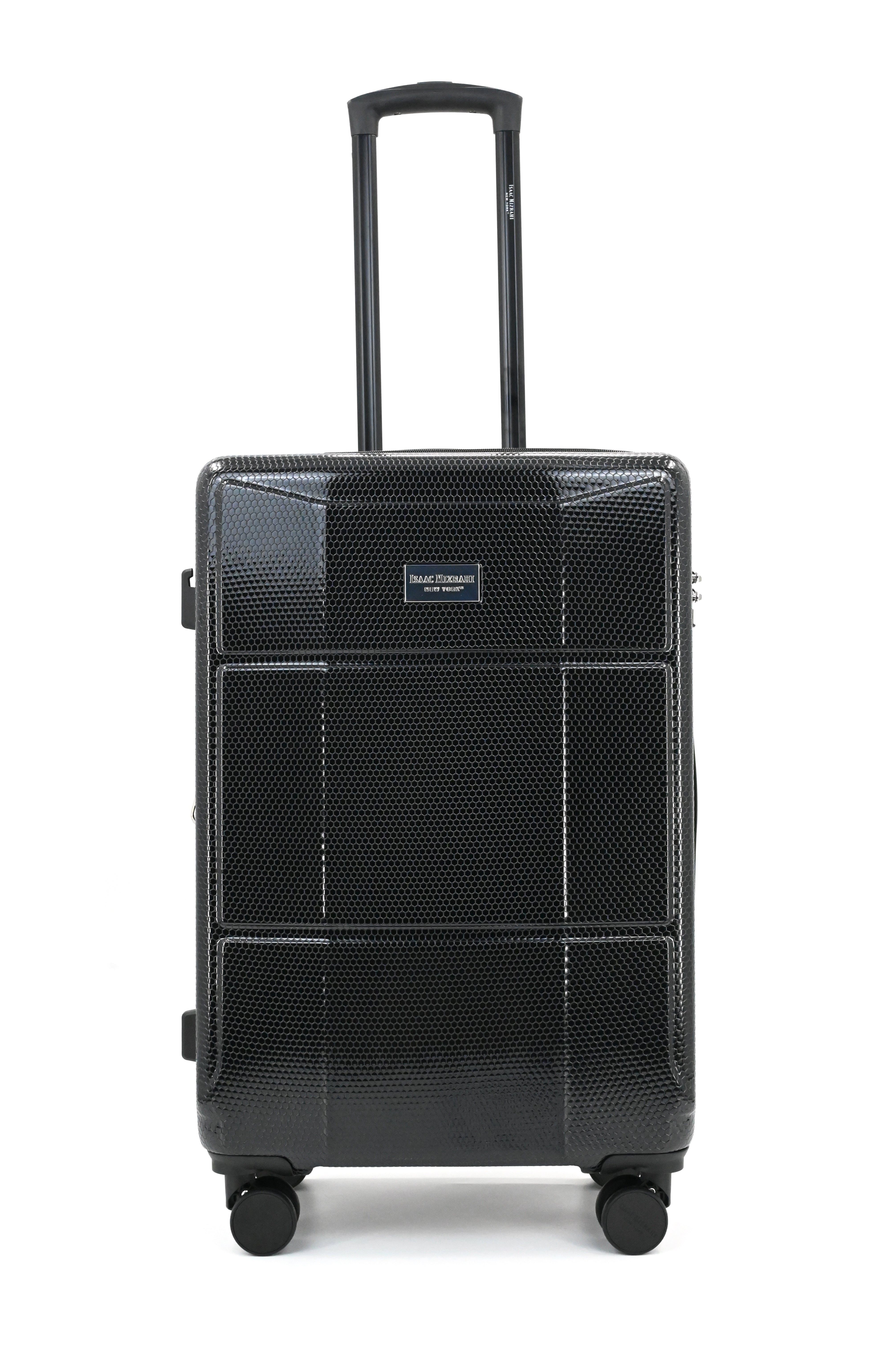 Black suitcase with a brand logo on a white background