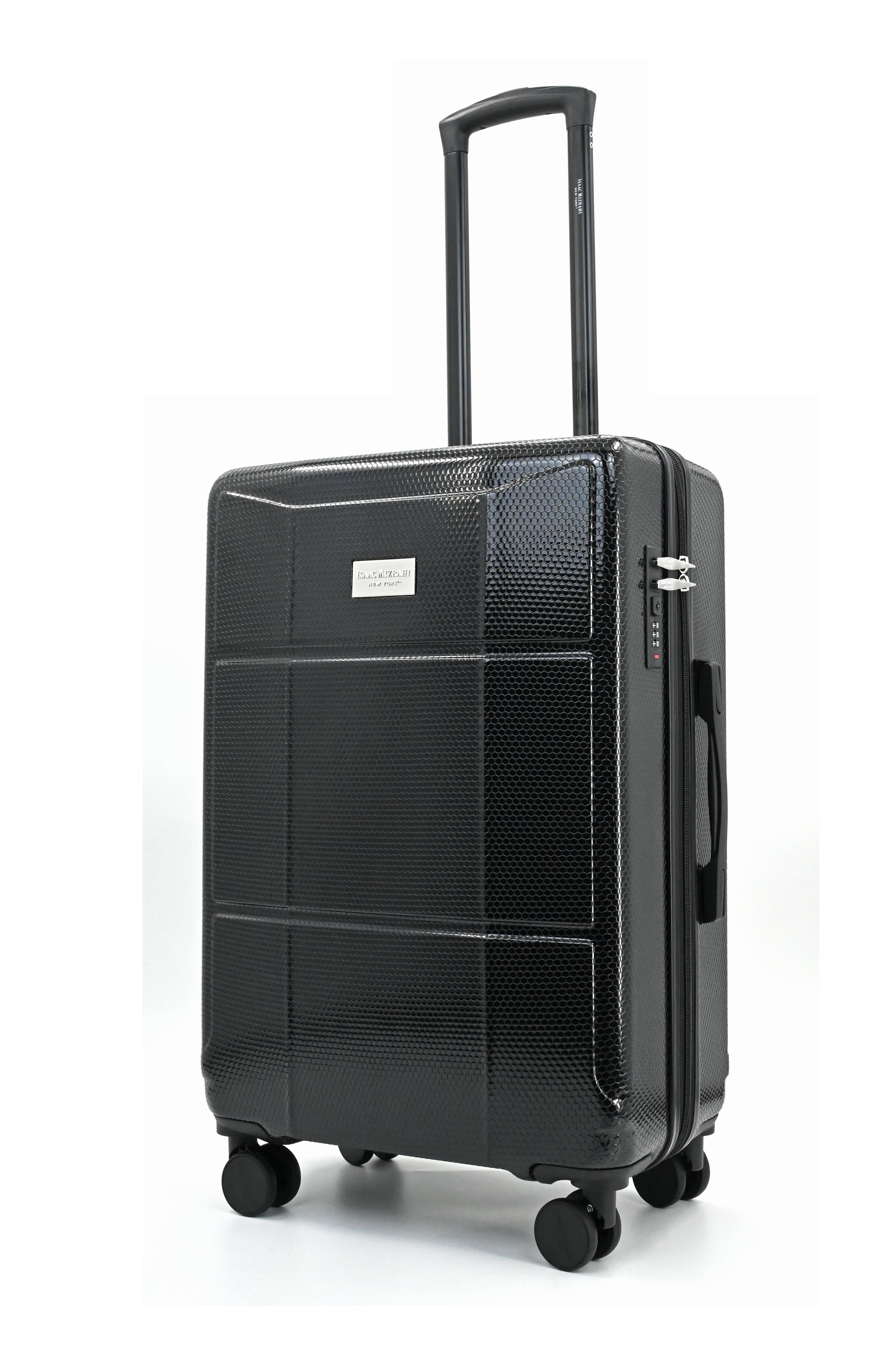 Black suitcase with wheels on a white background
