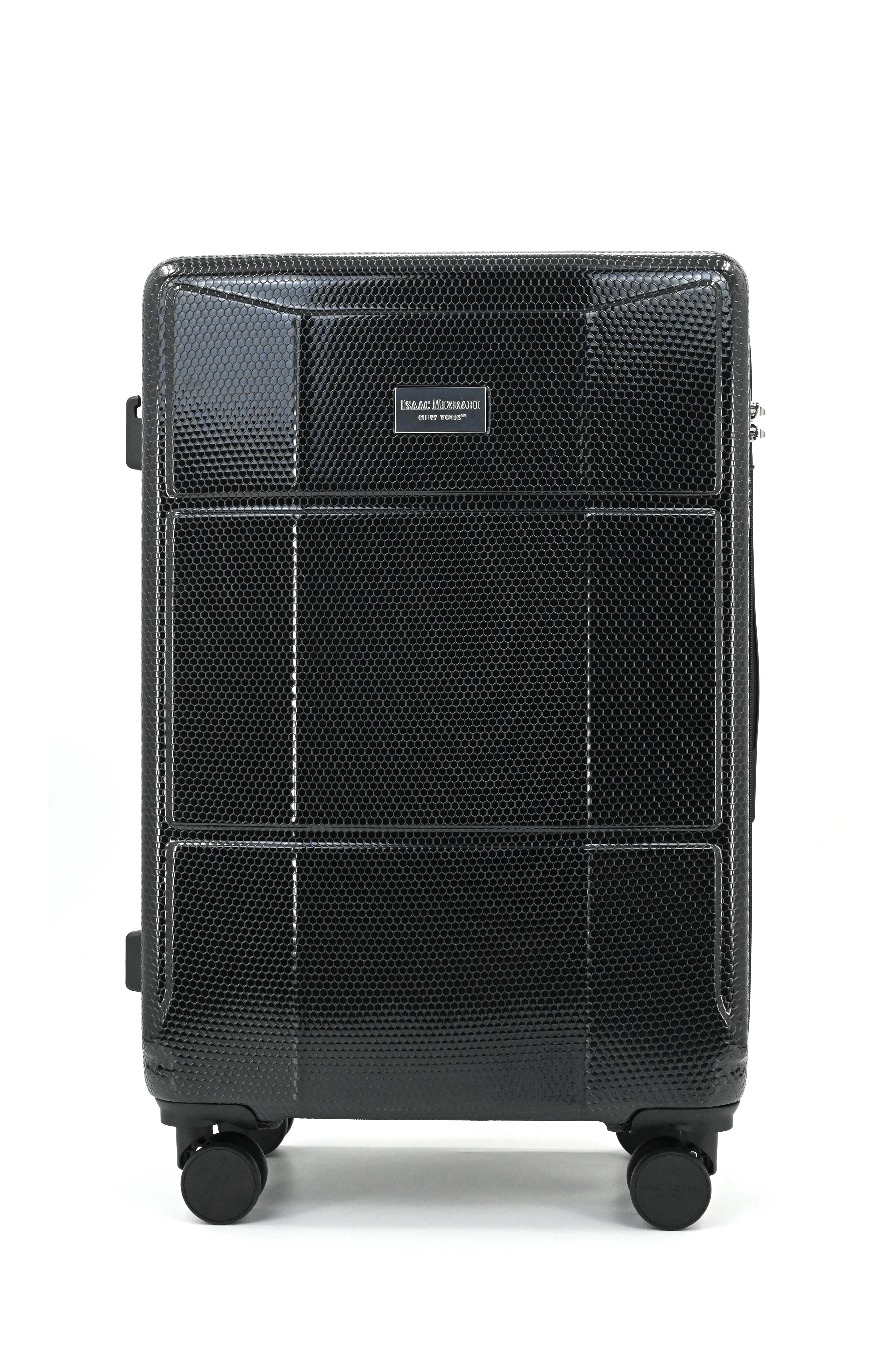 Black suitcase with textured surface on a white background