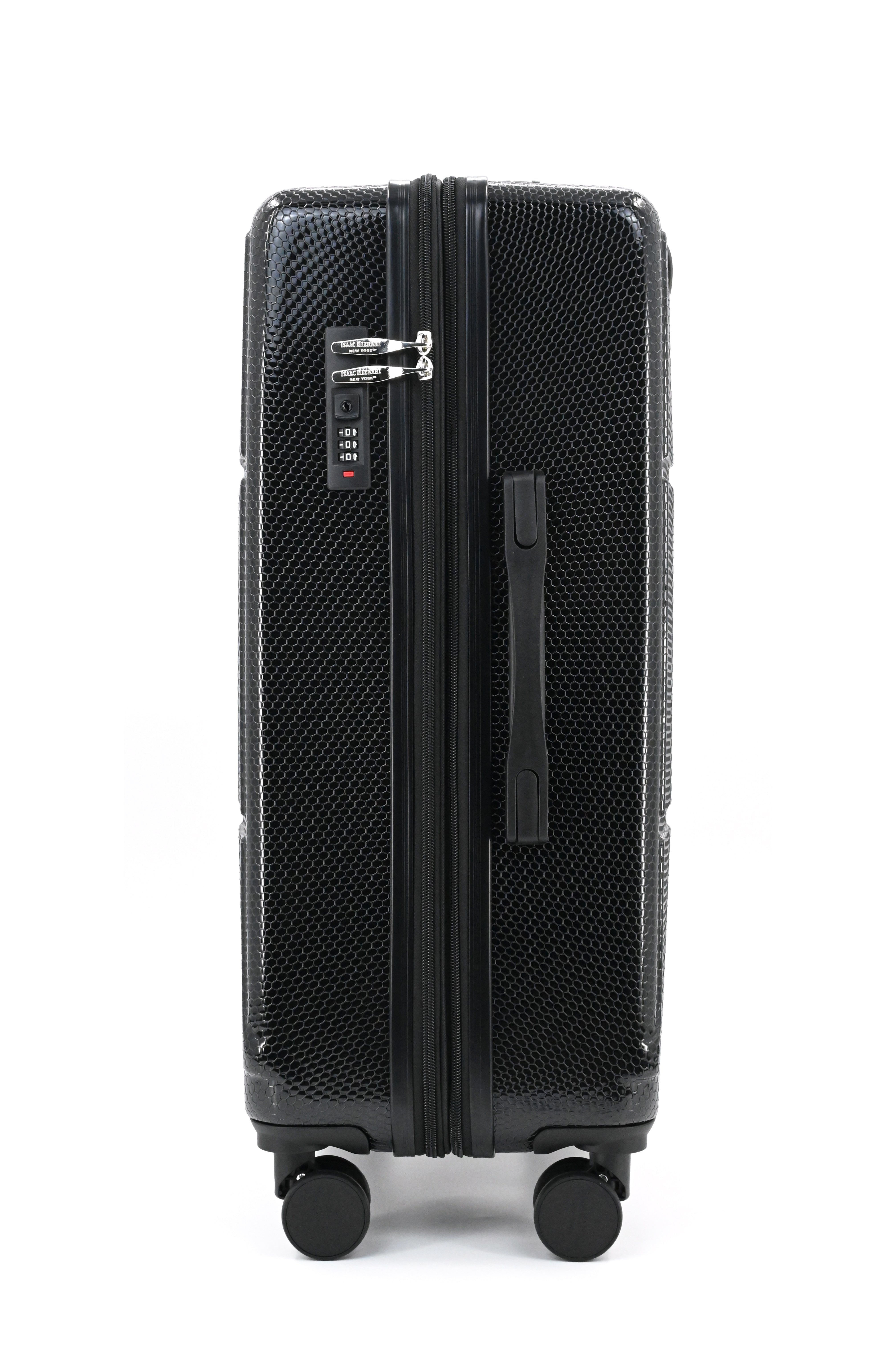 Black suitcase with wheels on a white background