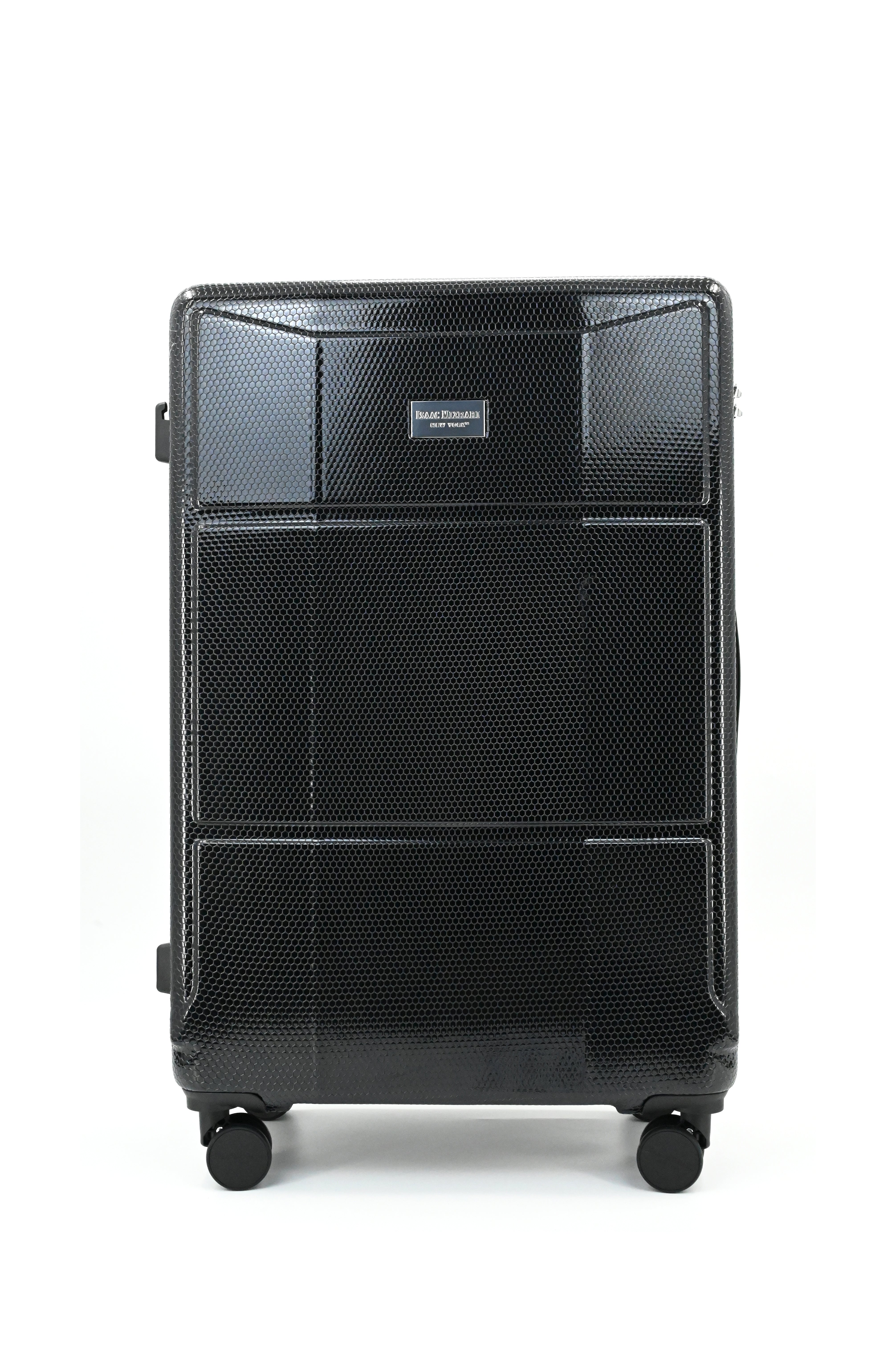 Black suitcase with wheels on a white background