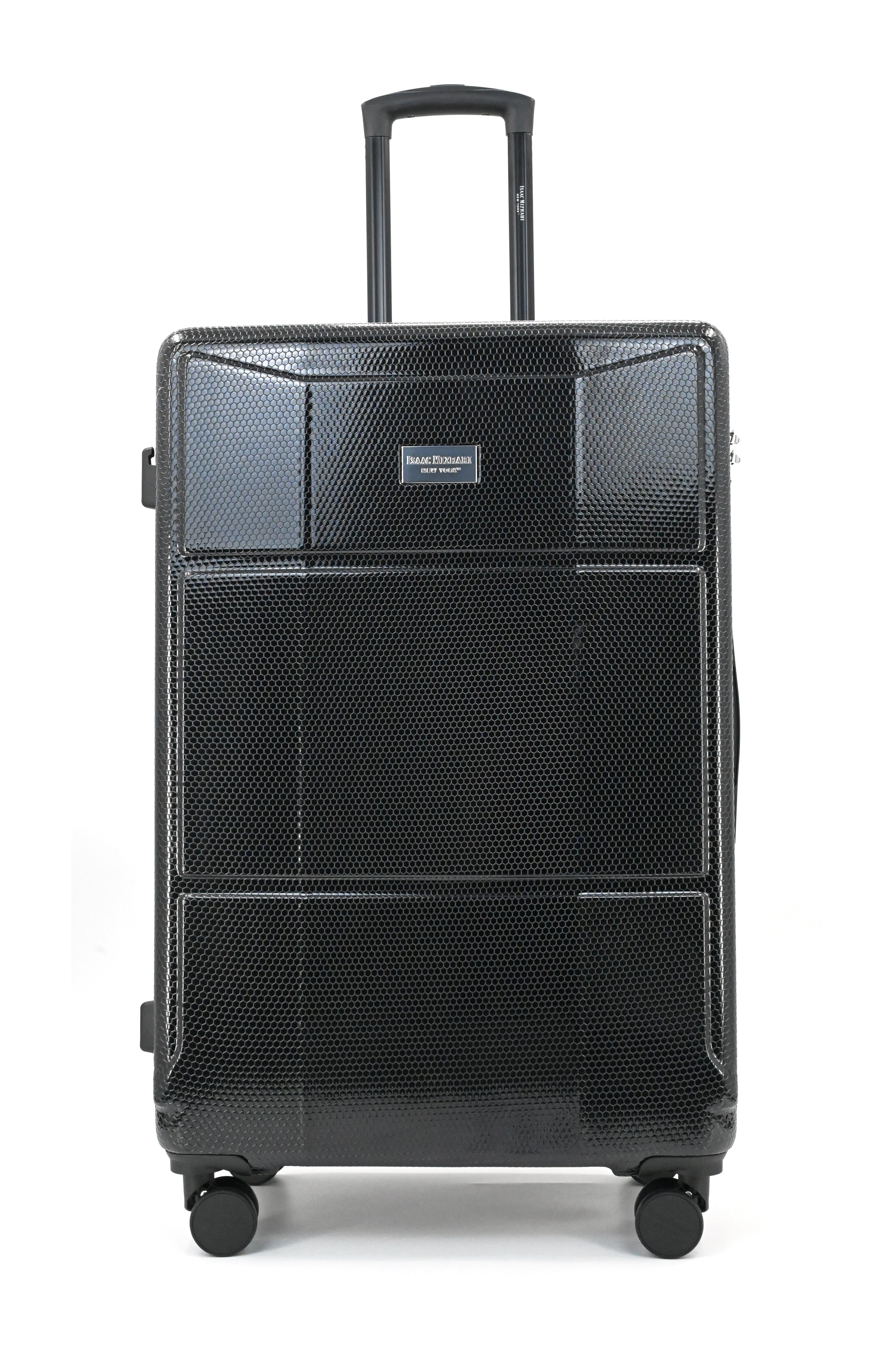Black suitcase with wheels on a white background