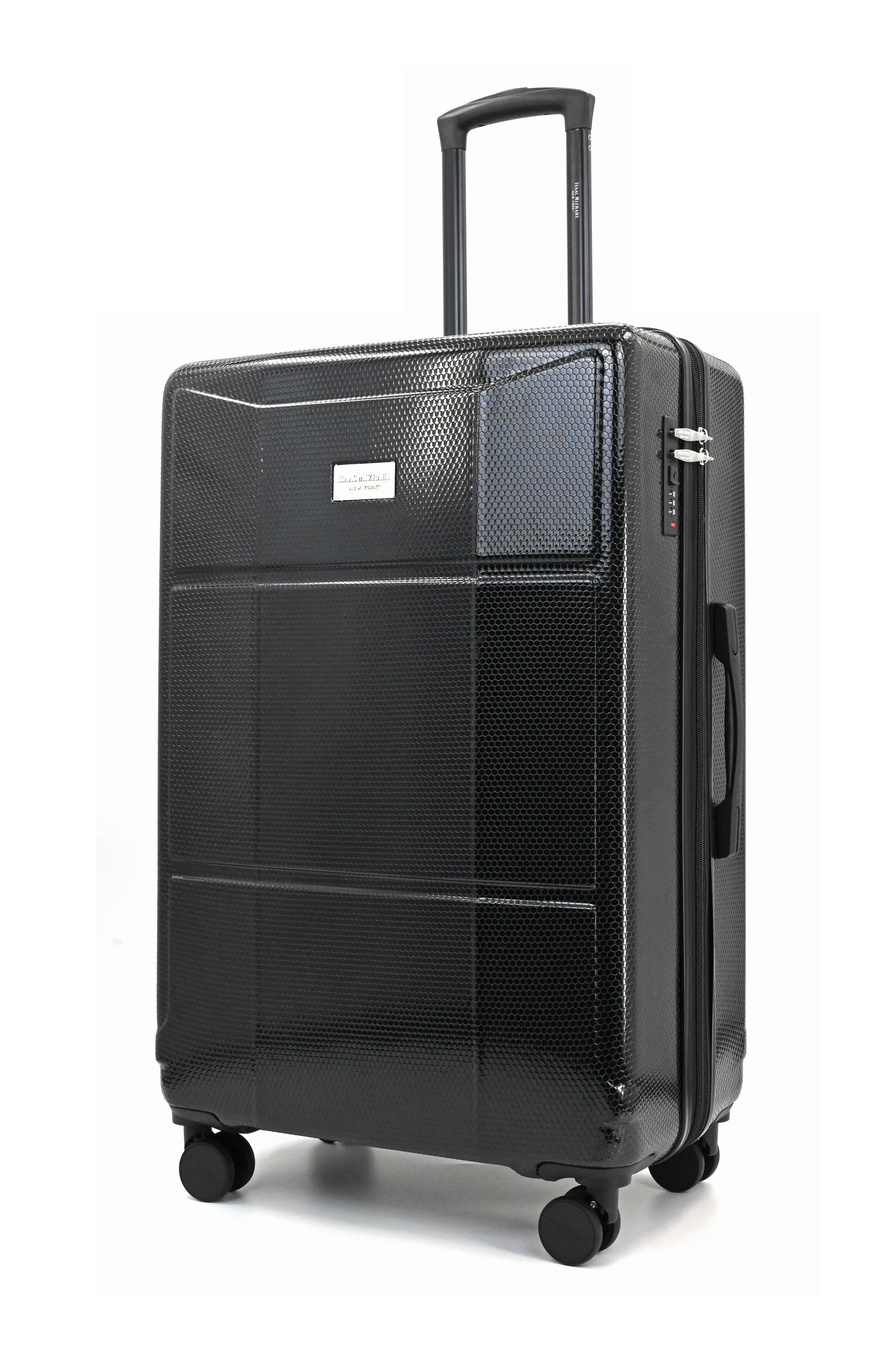 Black suitcase with wheels on a white background