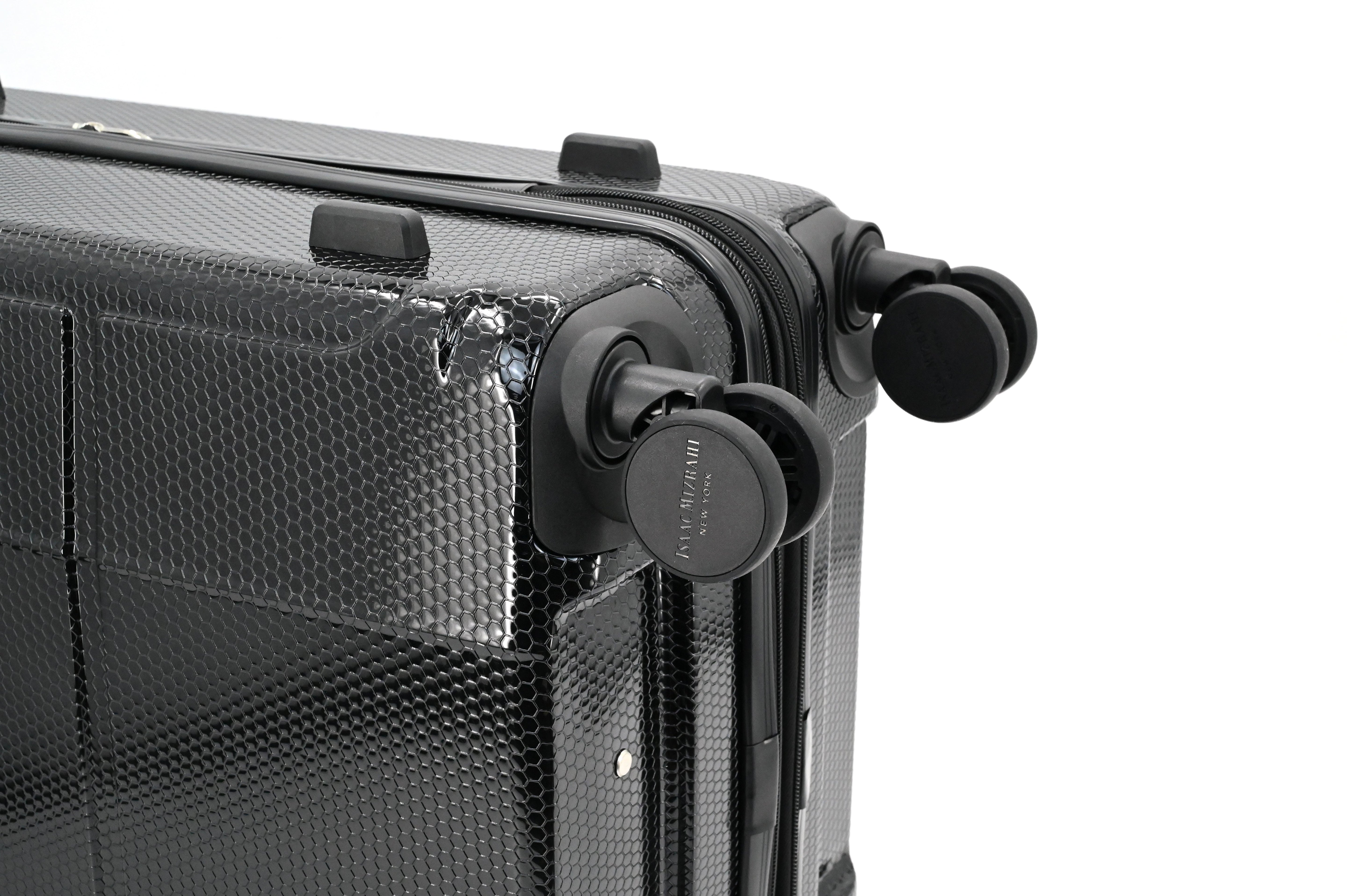 Black suitcase with wheels on a white background