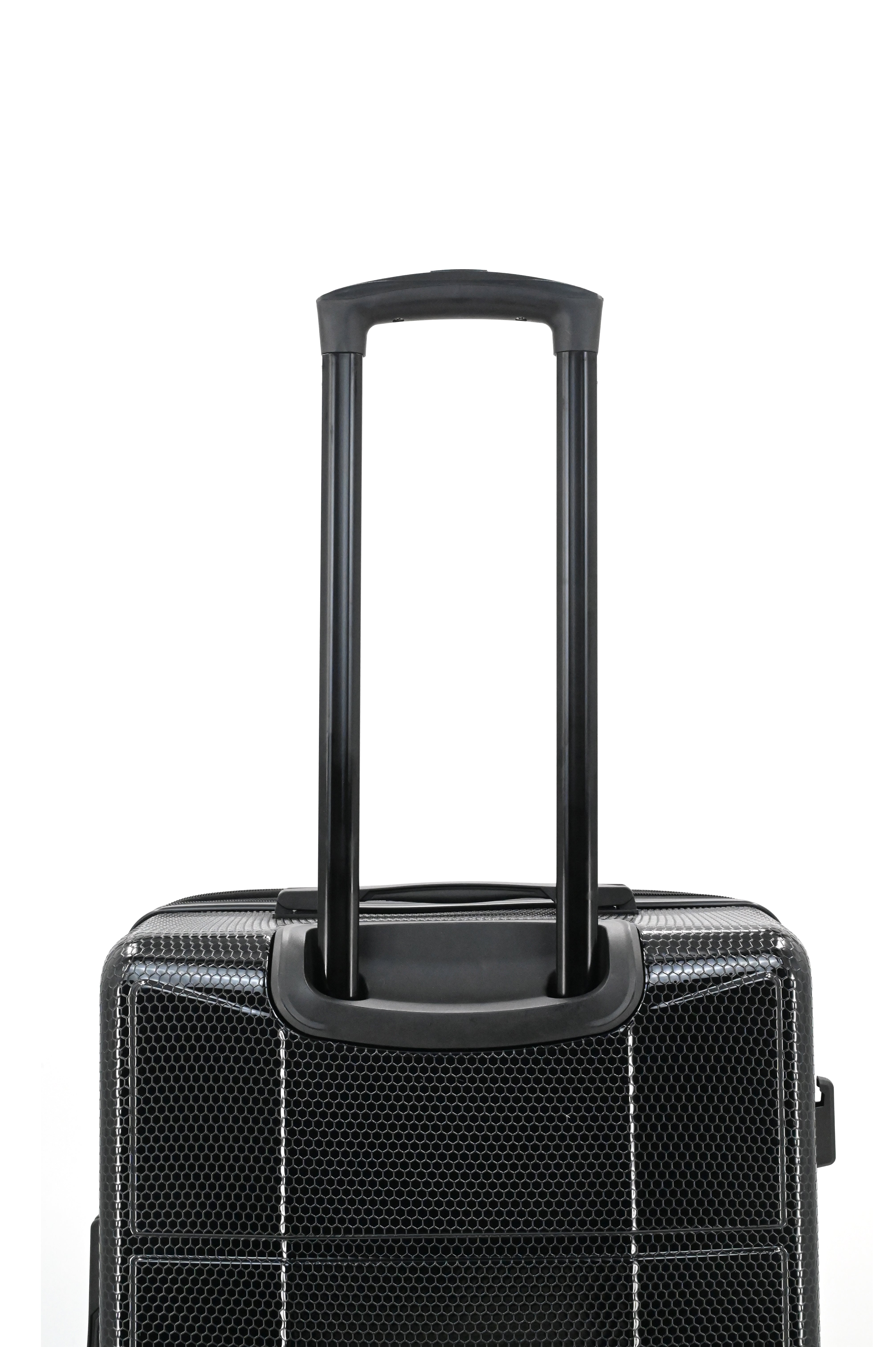 Black suitcase with handle on a white background