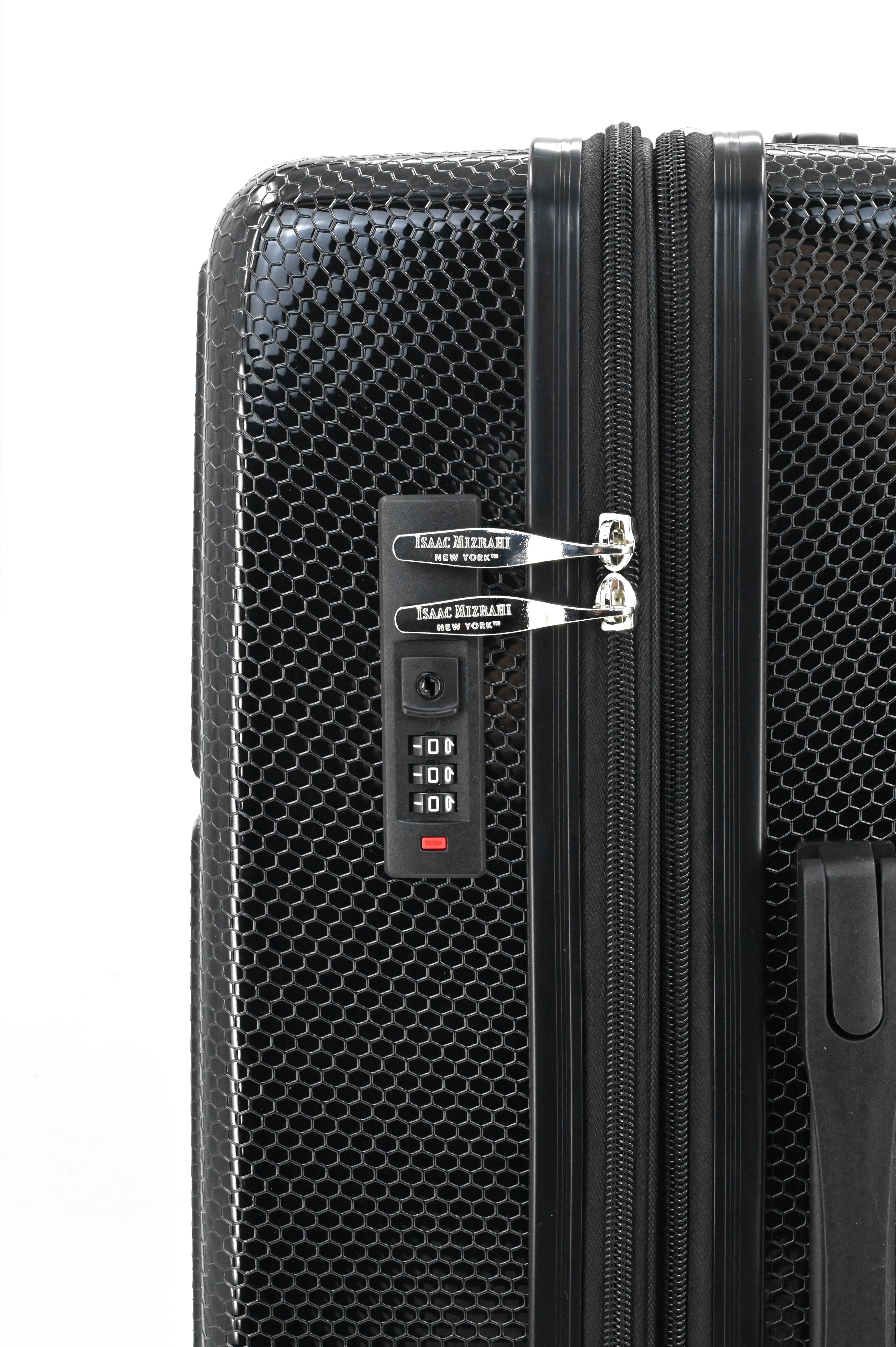 Black suitcase with a combination lock on a white background