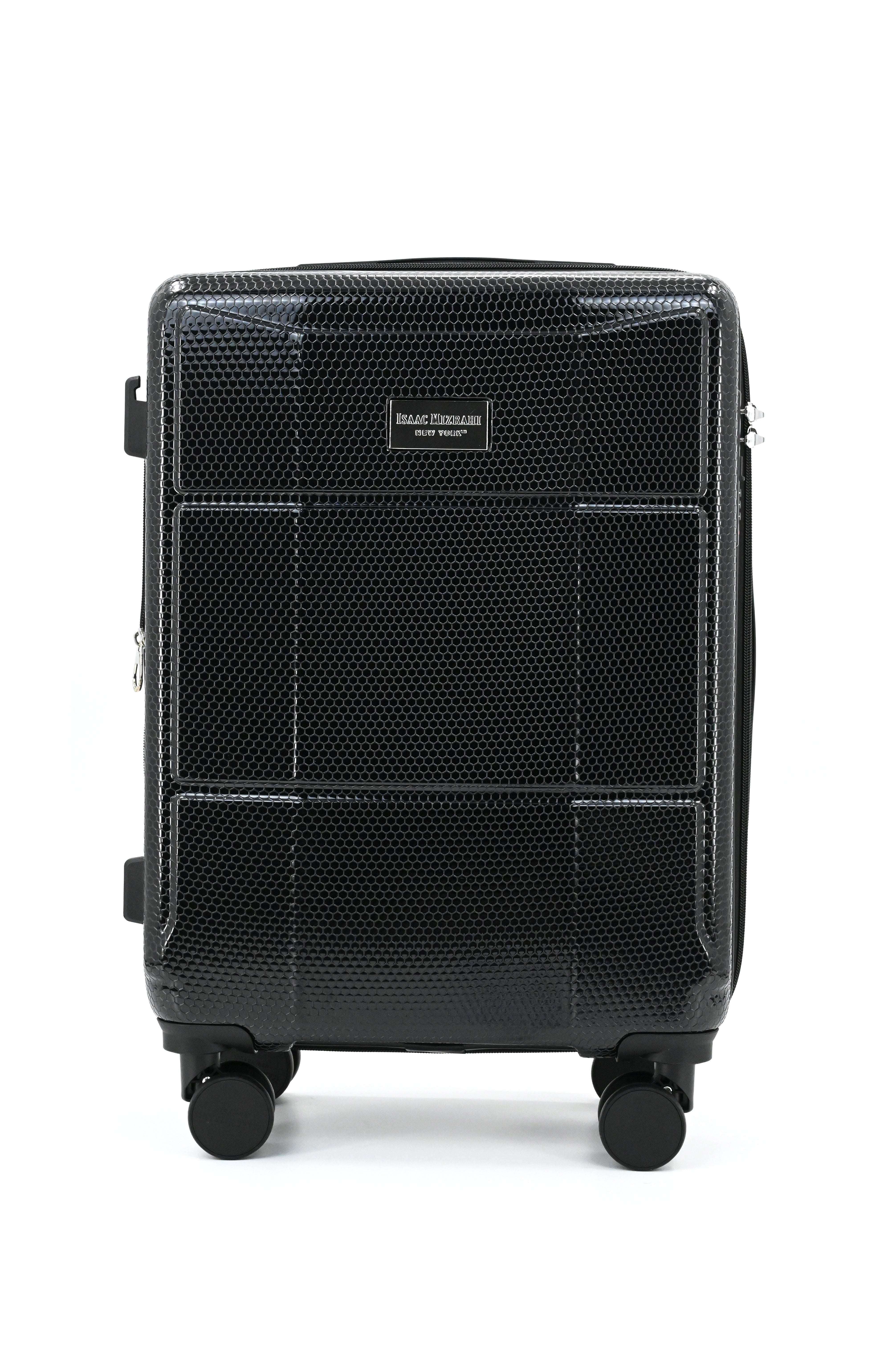 Black suitcase with wheels on a white background