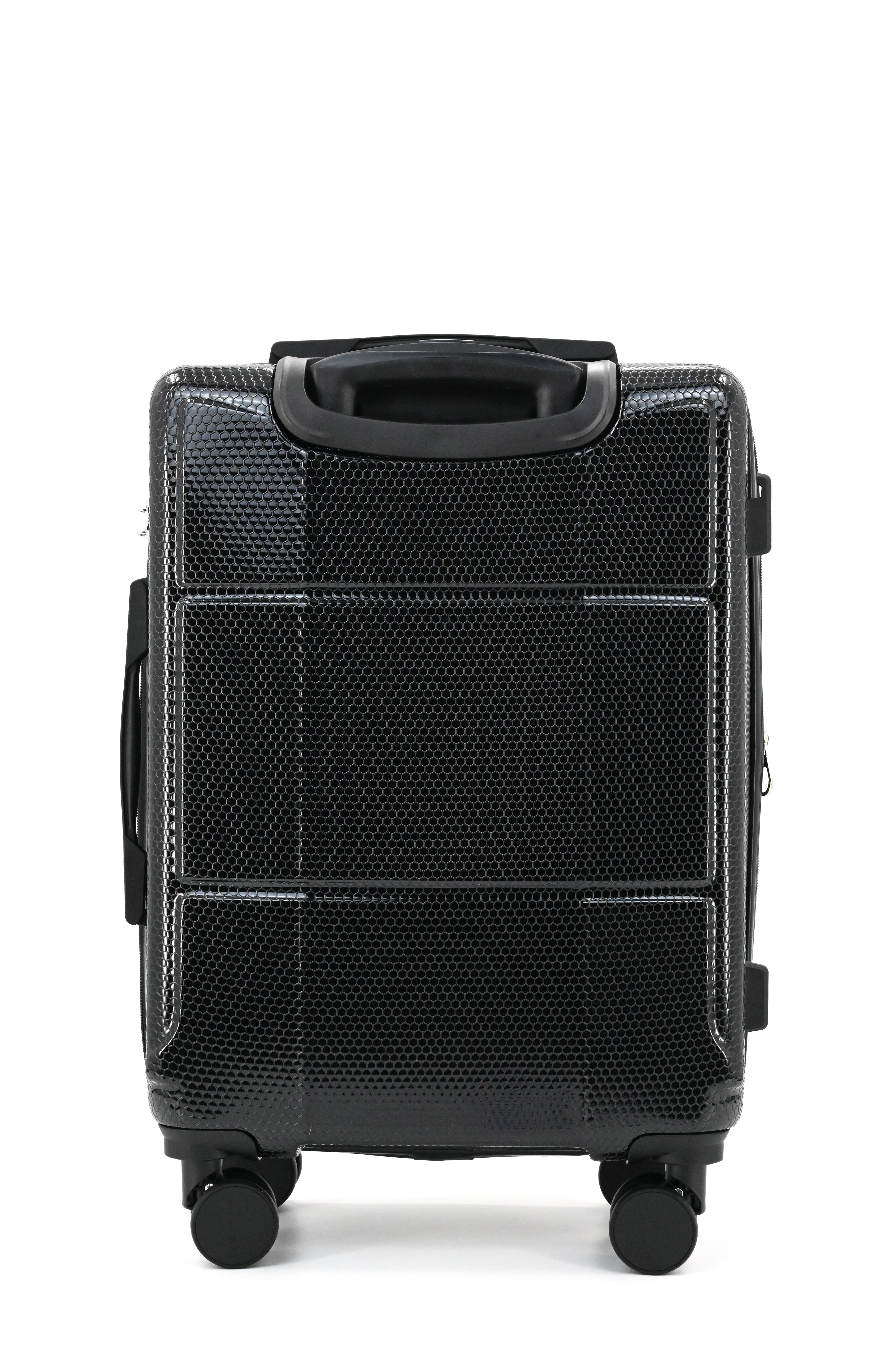 Black suitcase with wheels on a white background