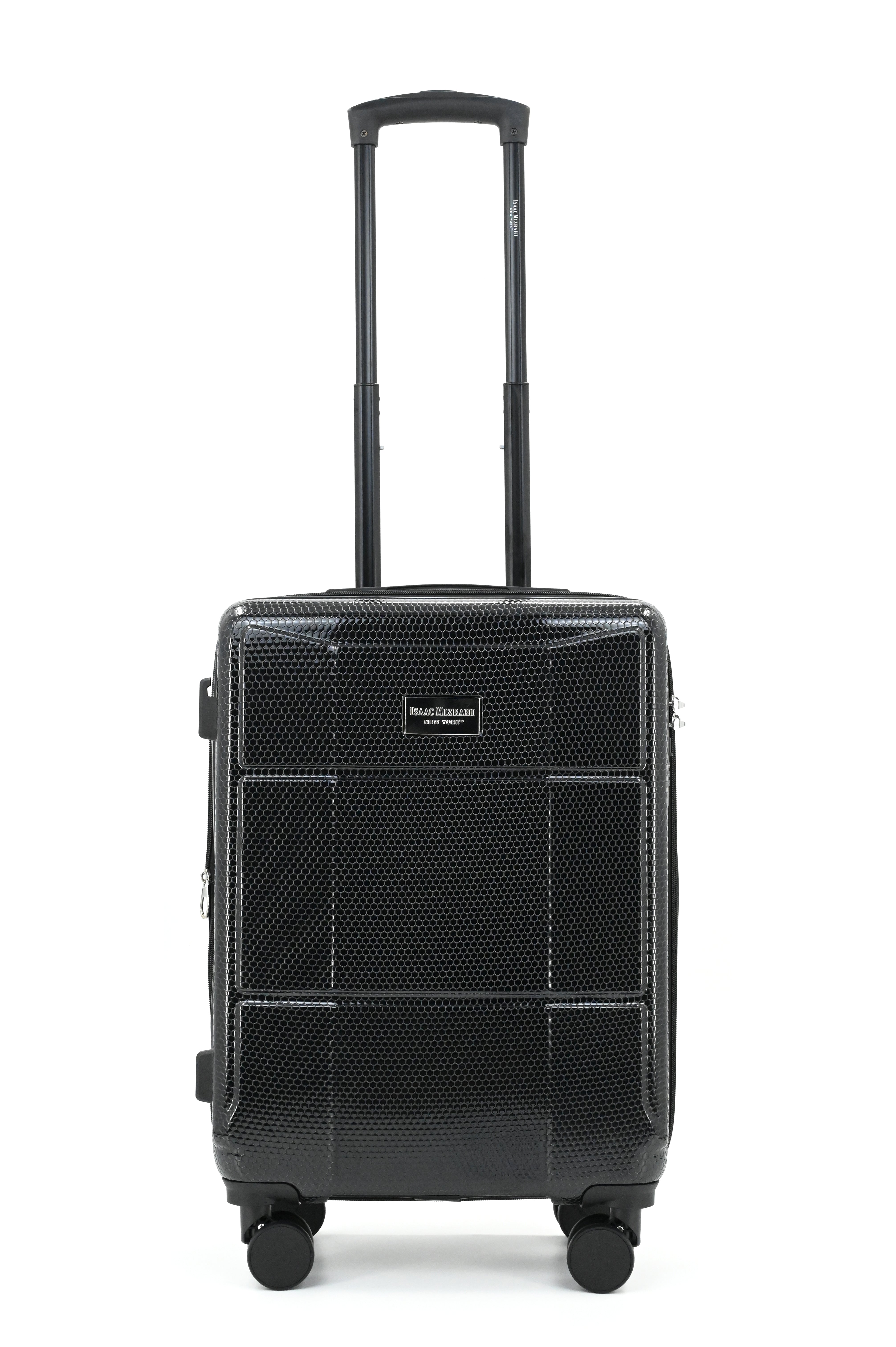 Black suitcase with a textured surface on a white background
