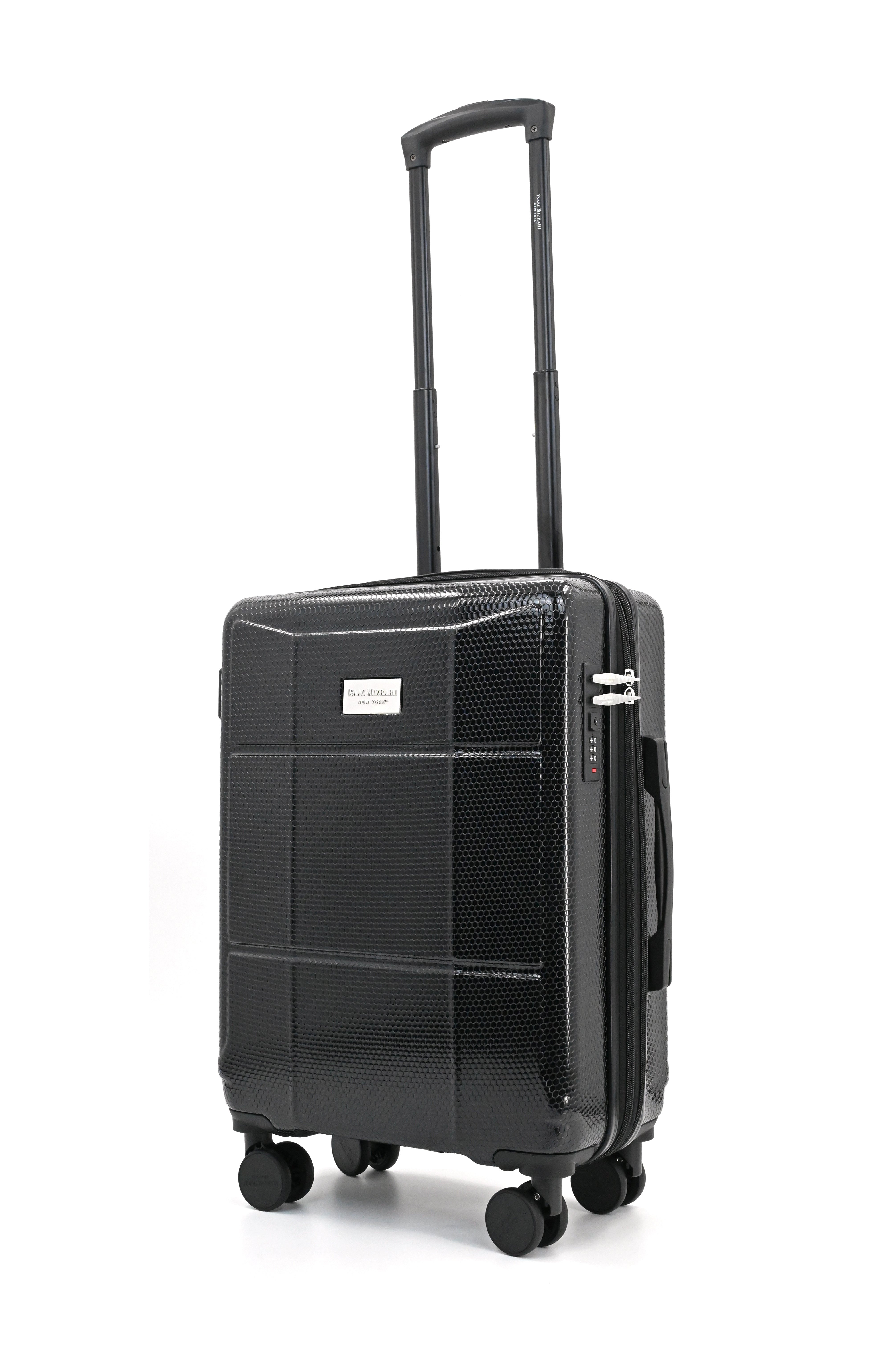 Black suitcase with wheels on a white background