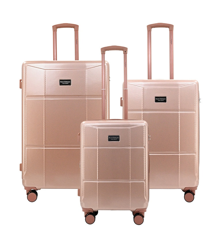 Set of three rose gold suitcases with visible brand logo on a white background