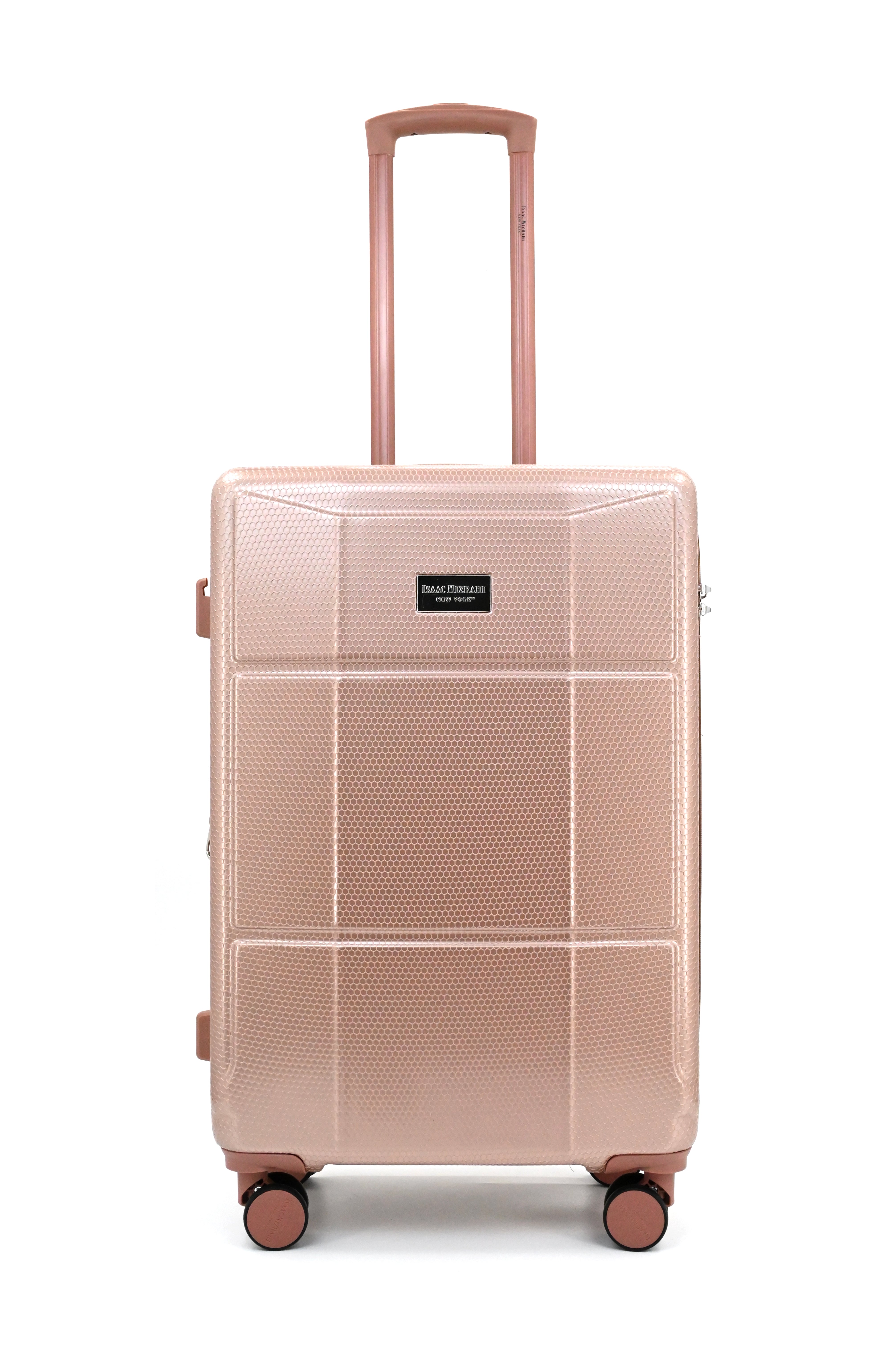 Rose gold suitcase with a visible brand logo on a white background