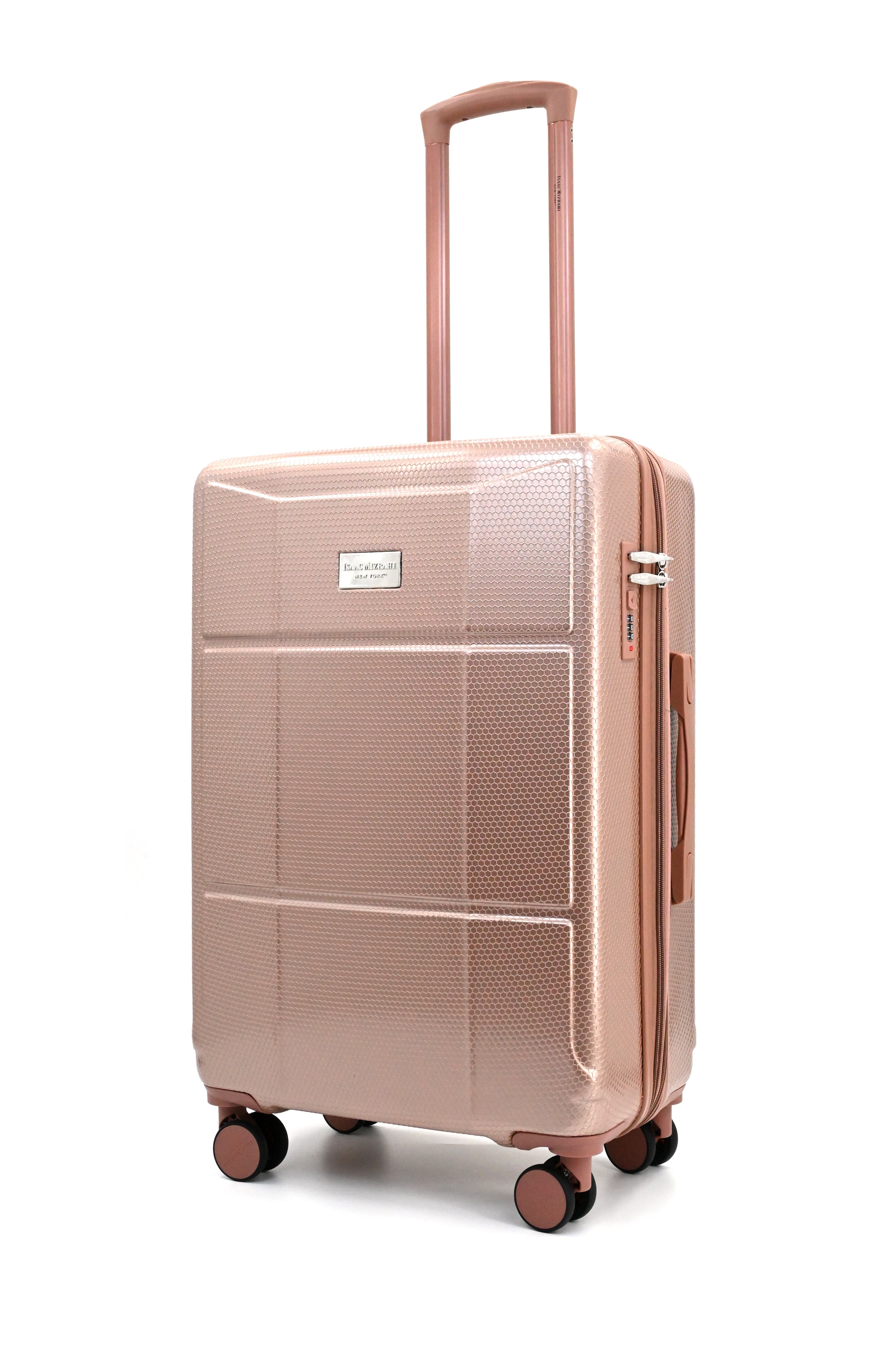 Rose gold suitcase with a textured surface on a white background