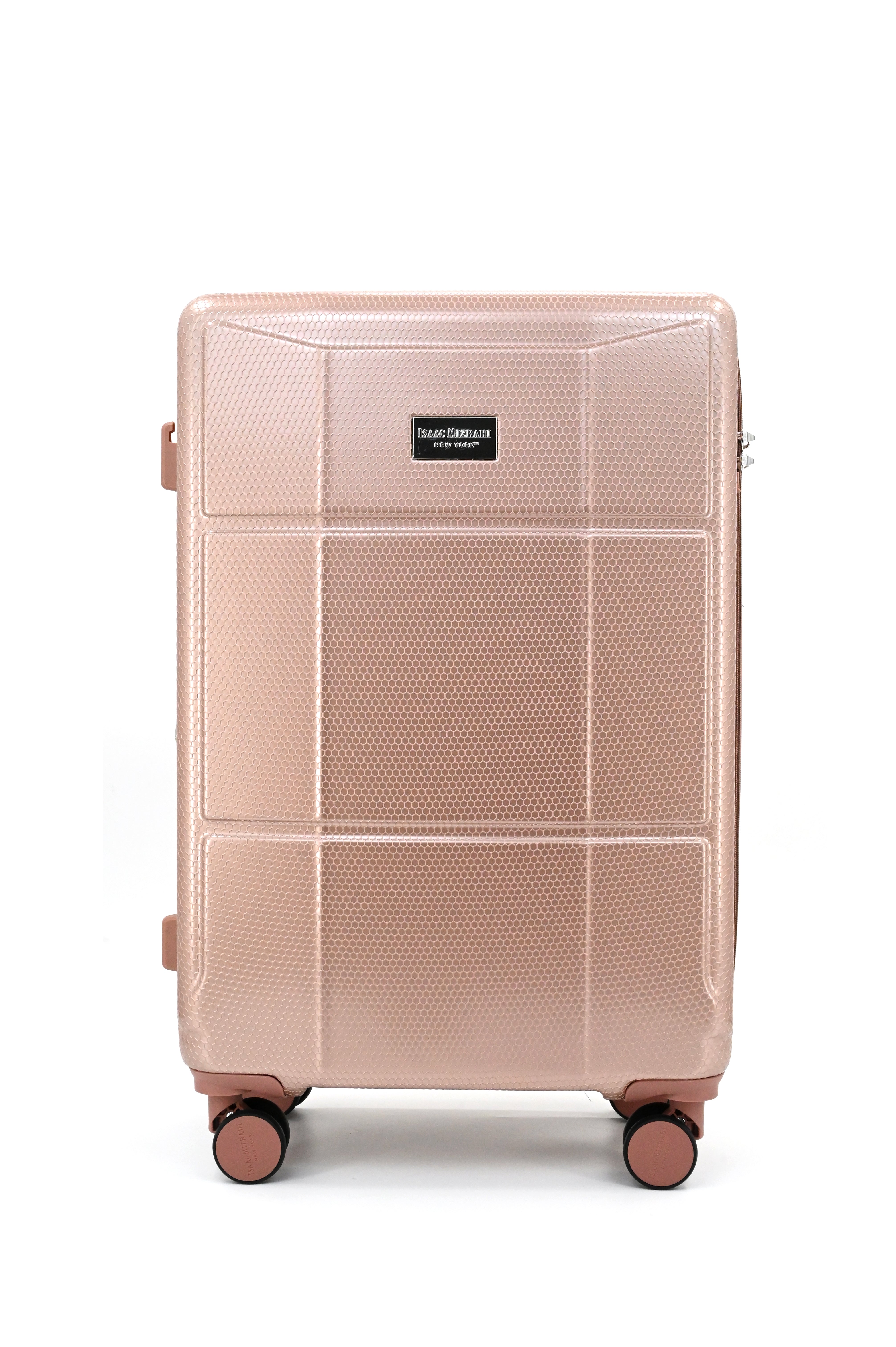 Rose gold suitcase with a brand logo on a white background
