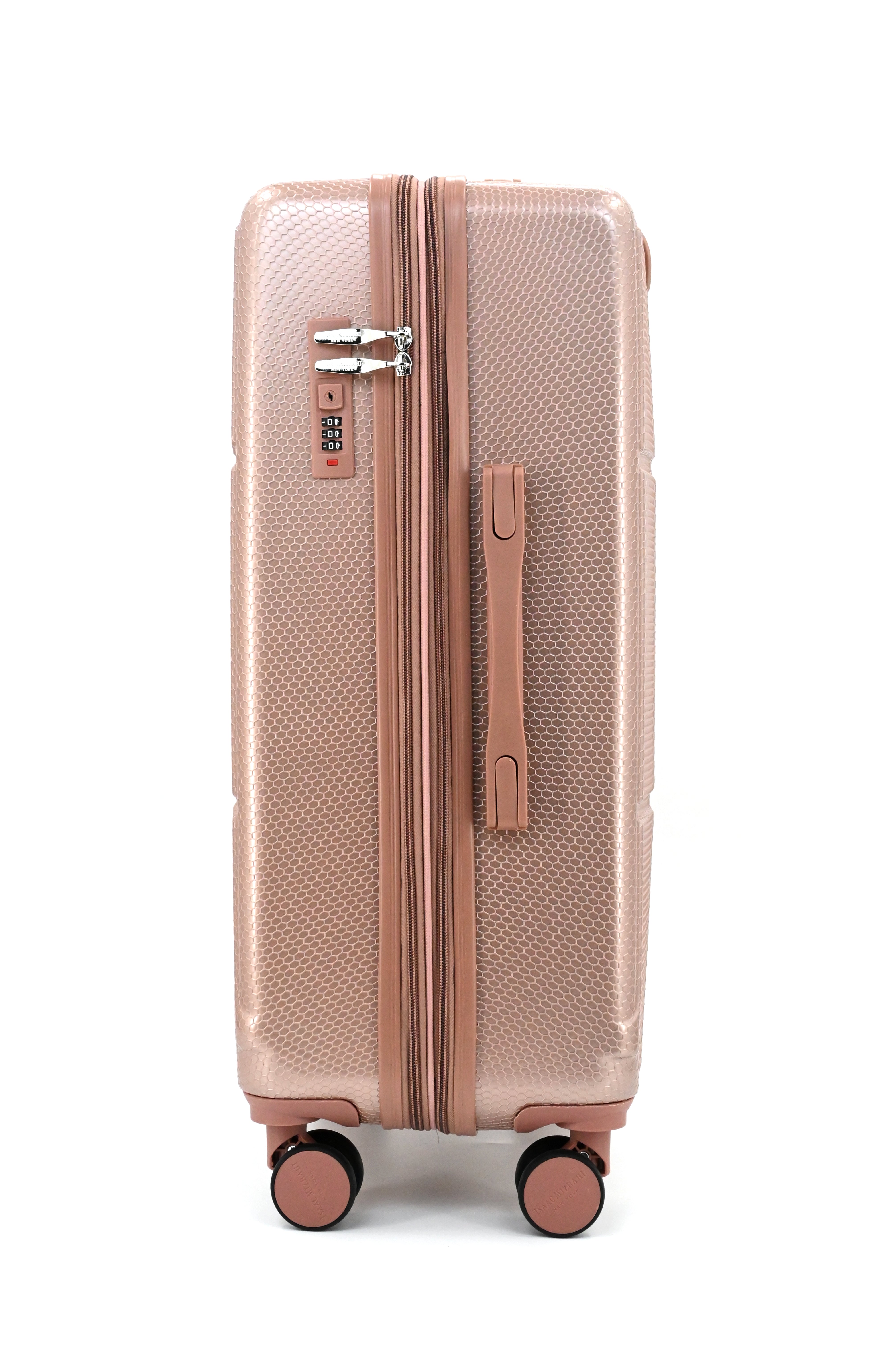 Rose gold suitcase with wheels on a white background
