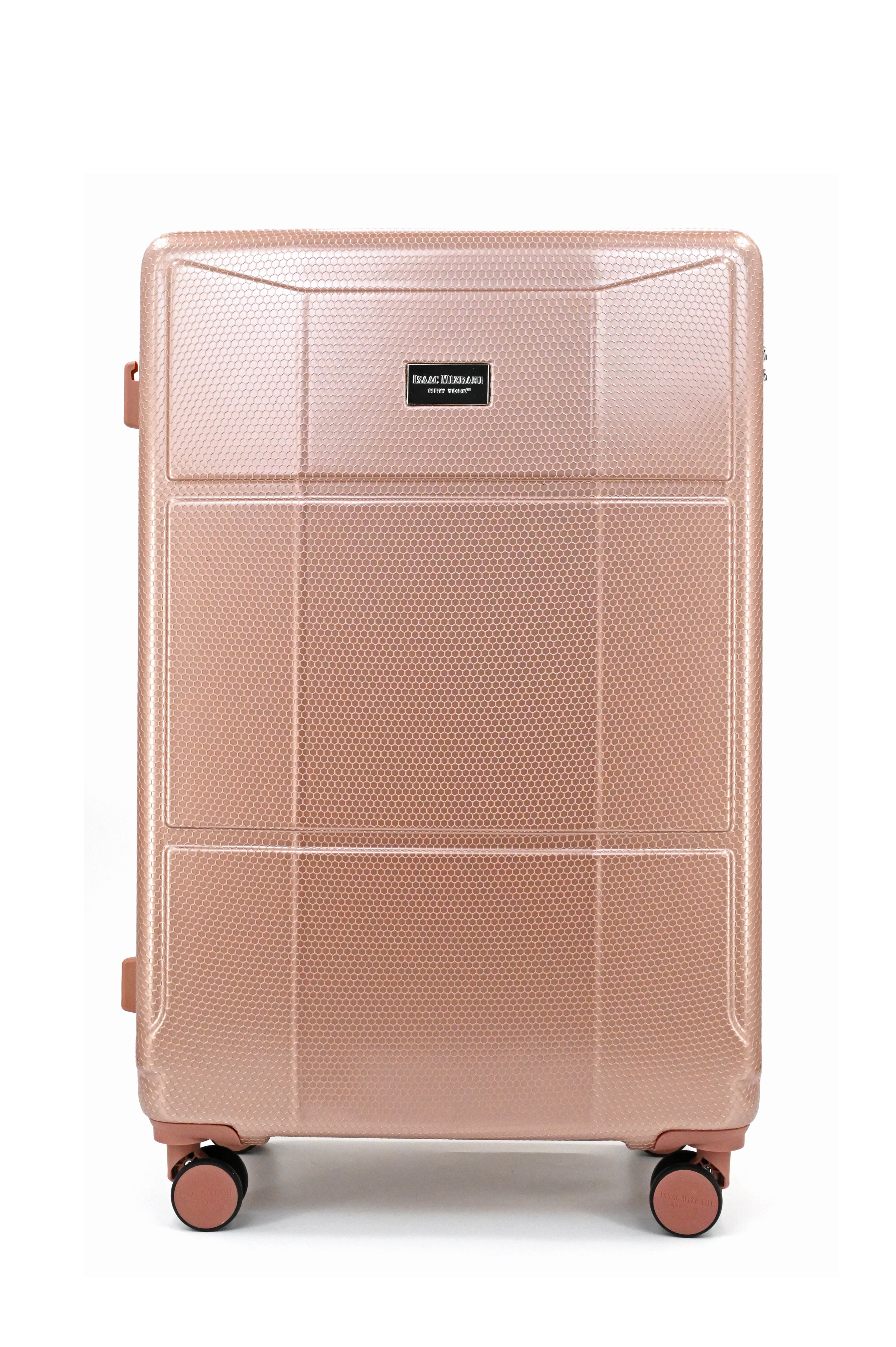 Rose gold suitcase with wheels on a white background