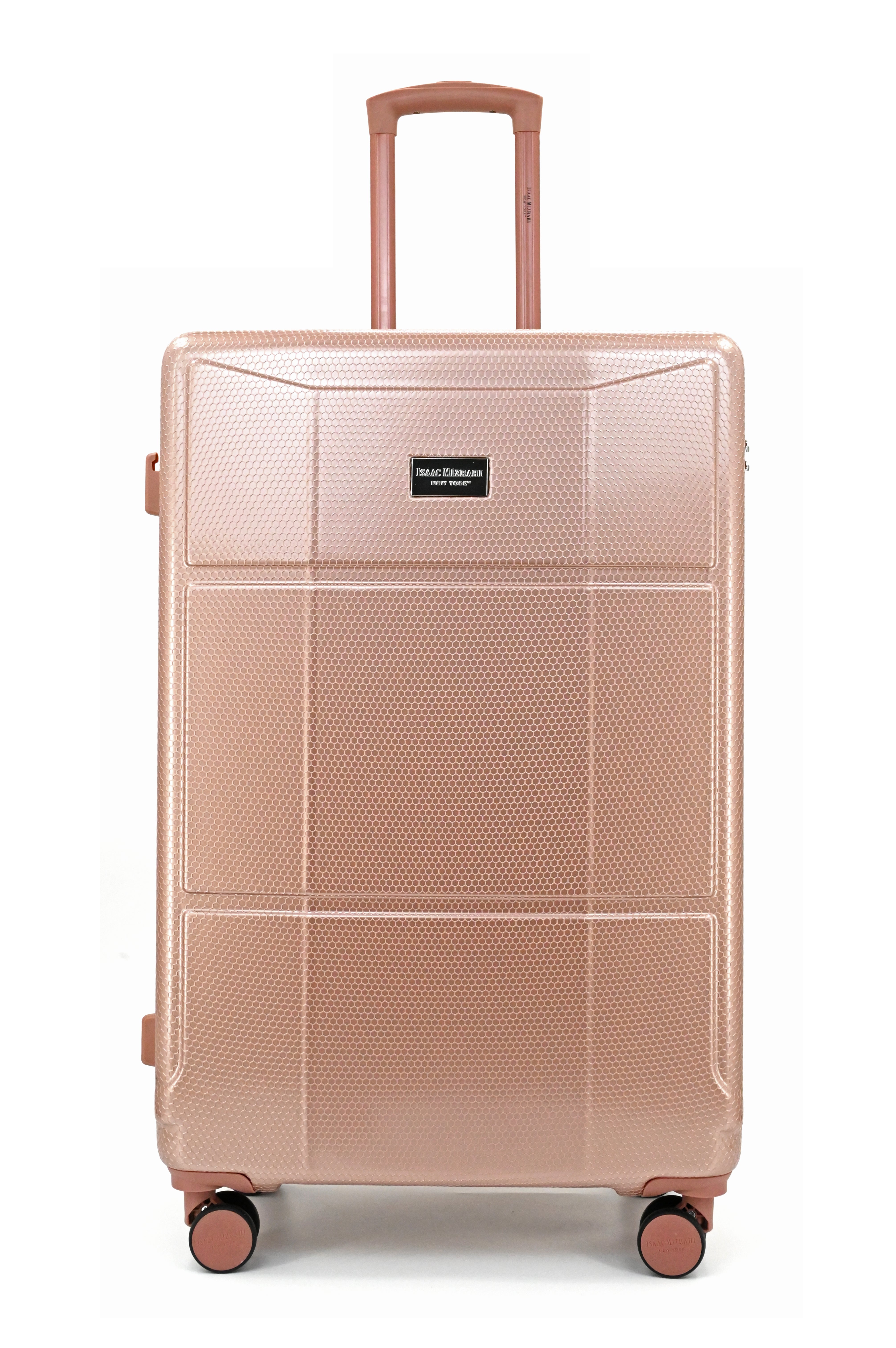 Rose gold suitcase with brand logo on a white background
