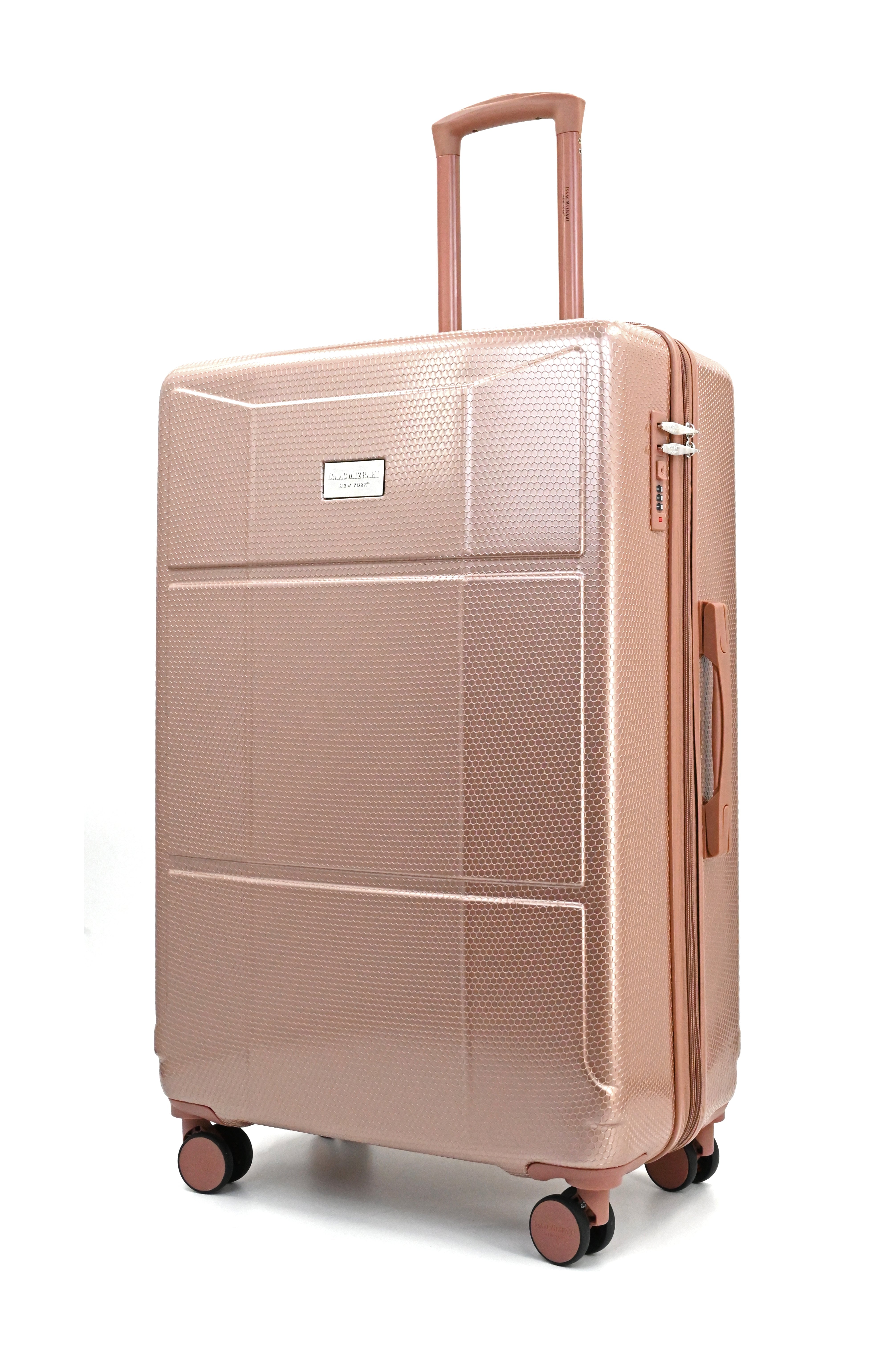Rose gold suitcase with wheels on a white background