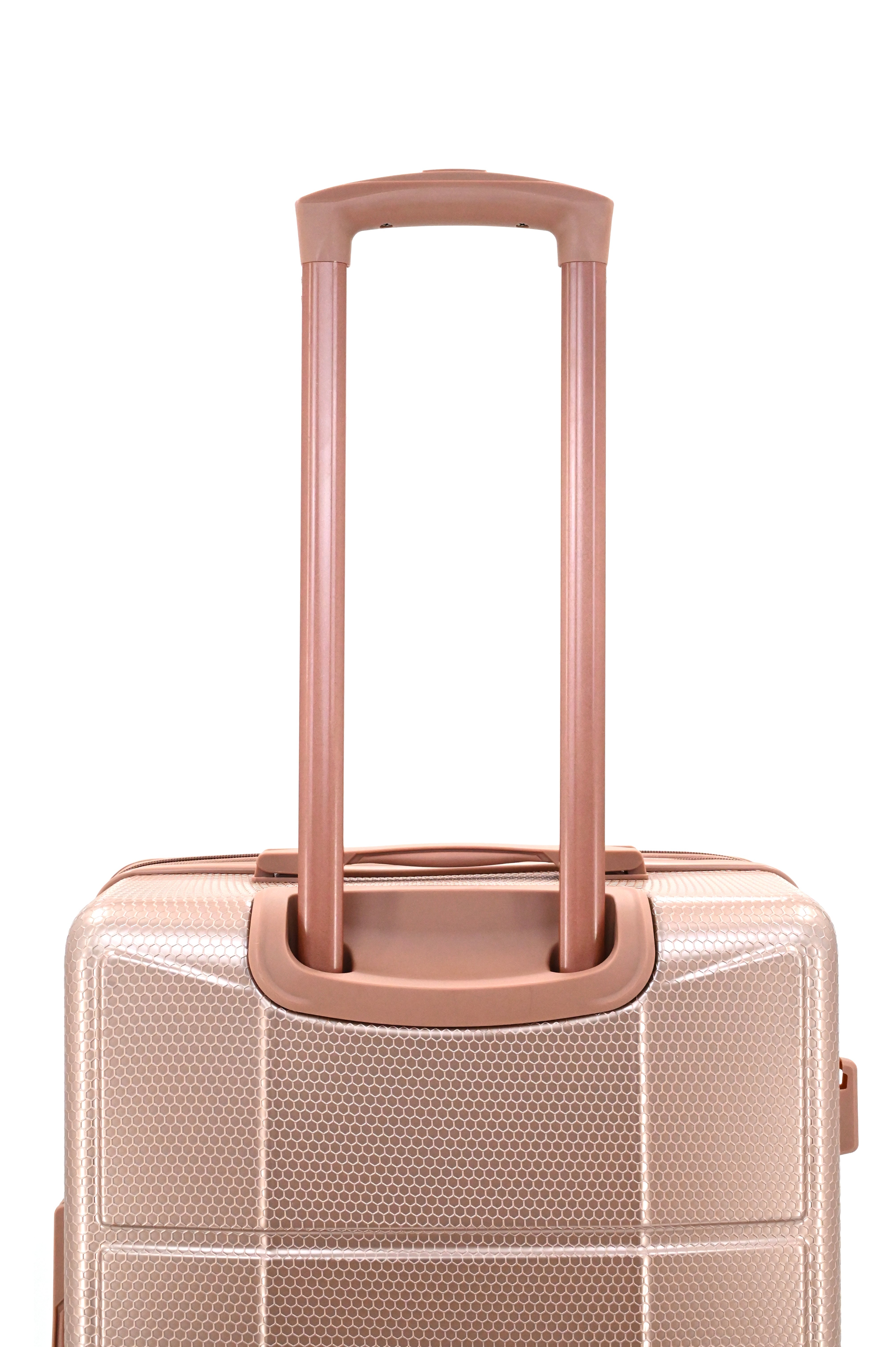 Rose gold suitcase with handle on a white background