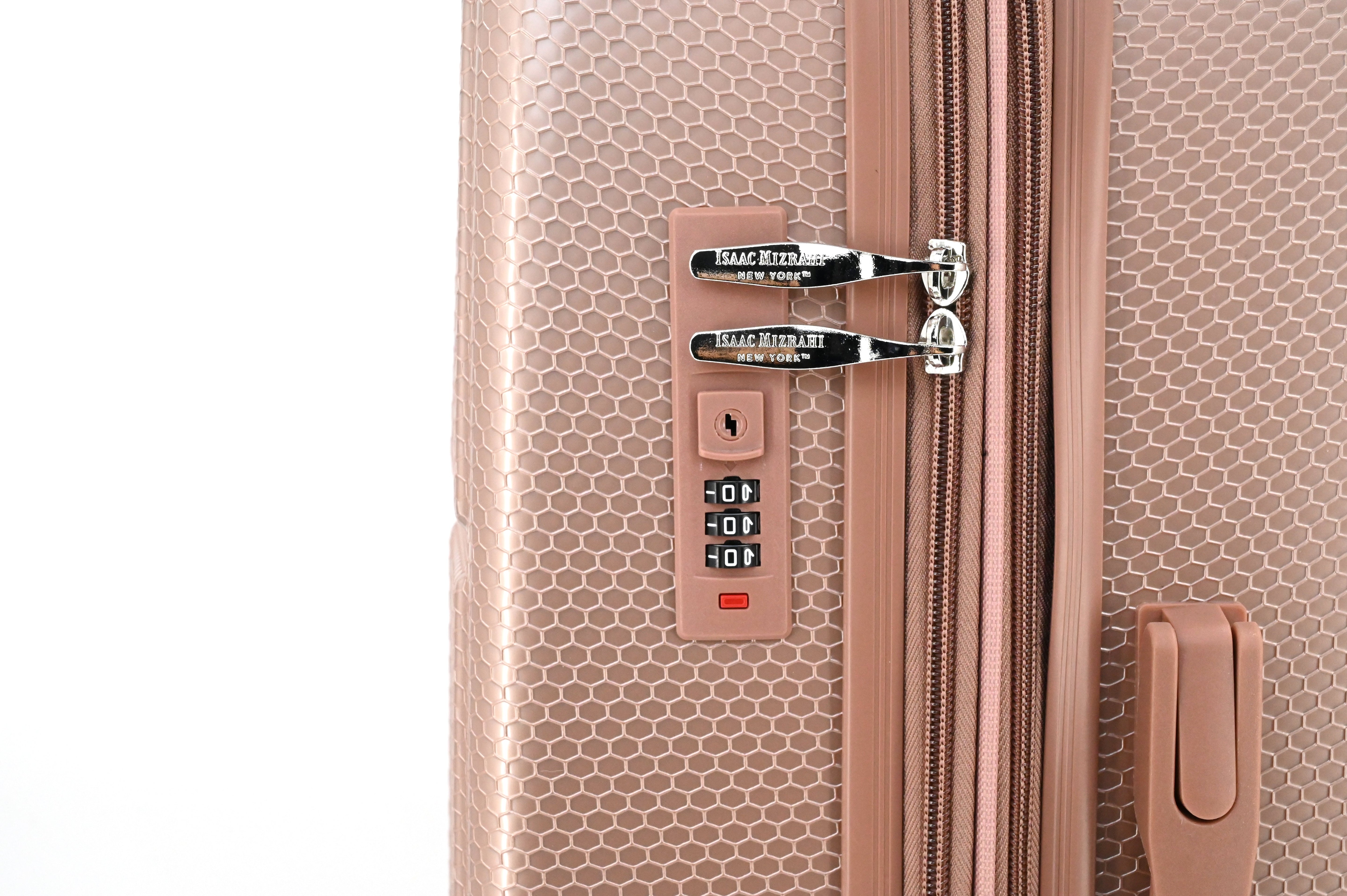 Rose gold suitcase with a combination lock on a white background