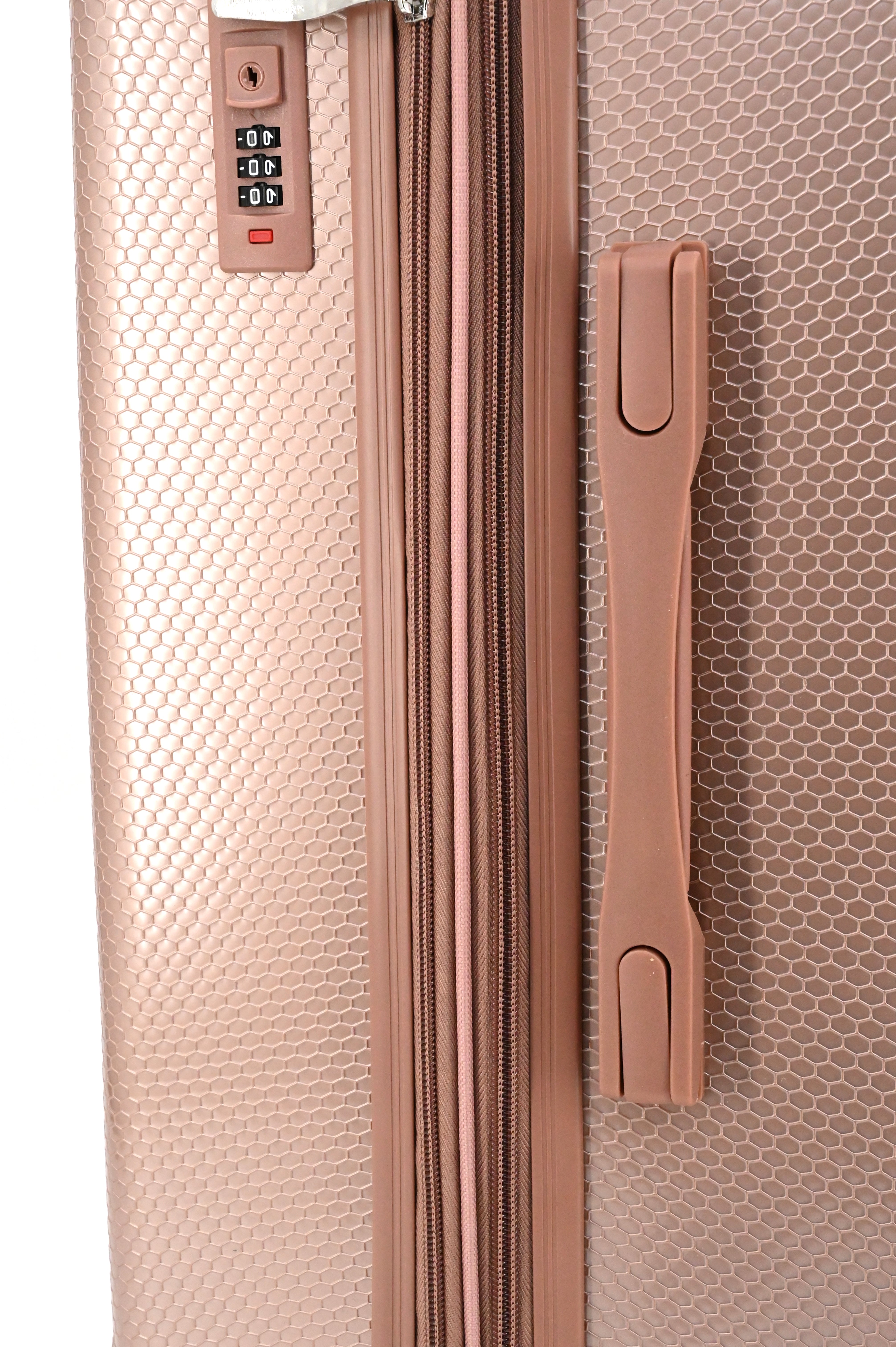 Rose gold suitcase with handle and combination lock on a white background