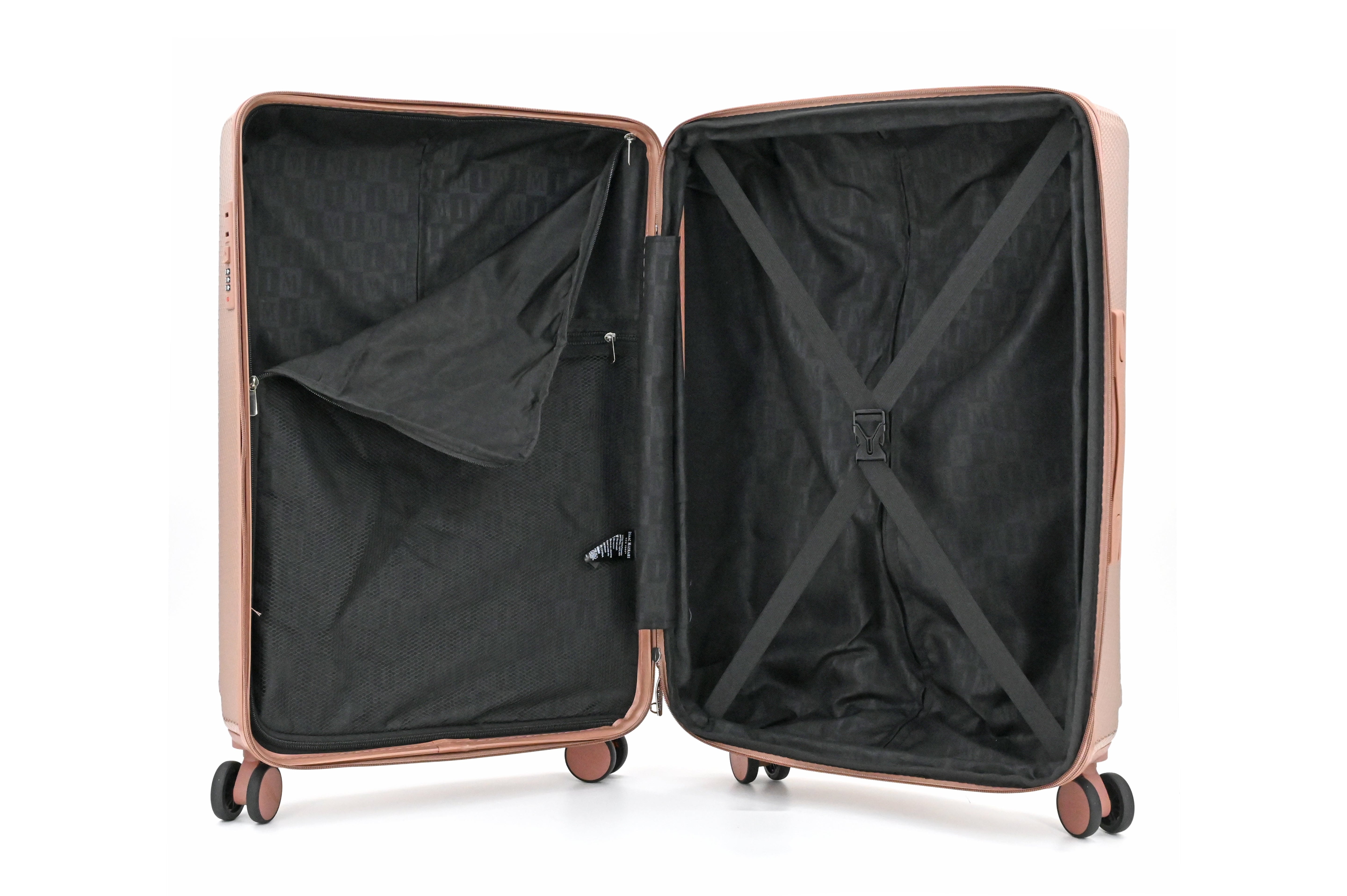 Open rose gold suitcase with black interior on a white background