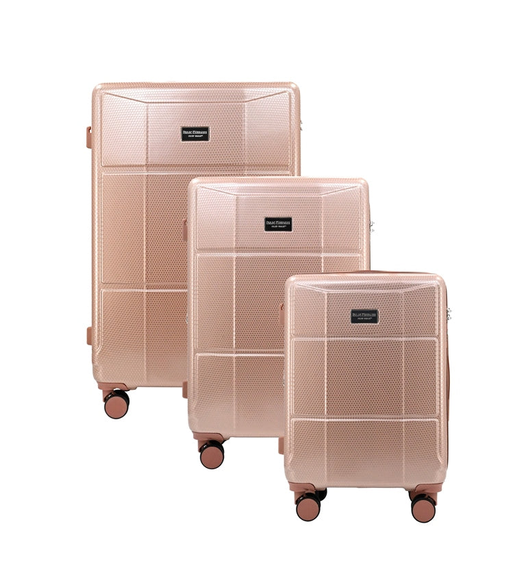 Set of three rose gold suitcases with wheels on a white background