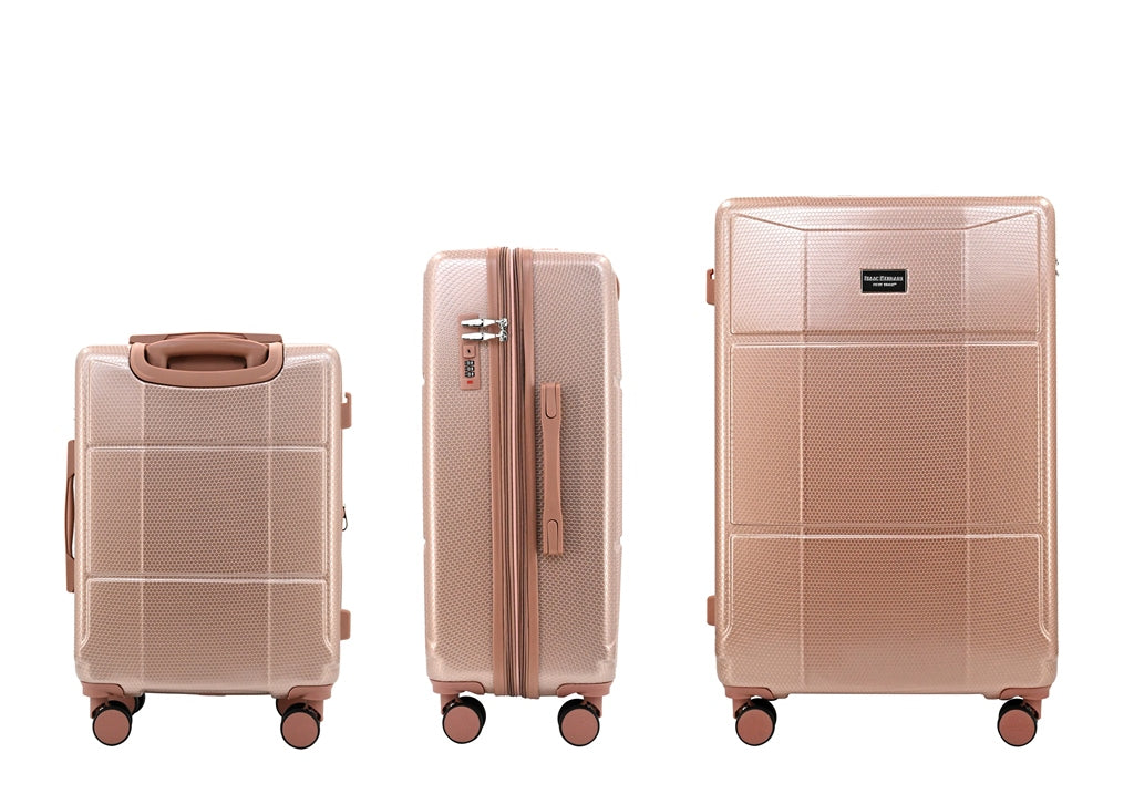 Set of three rose gold suitcases of different sizes on a white background
