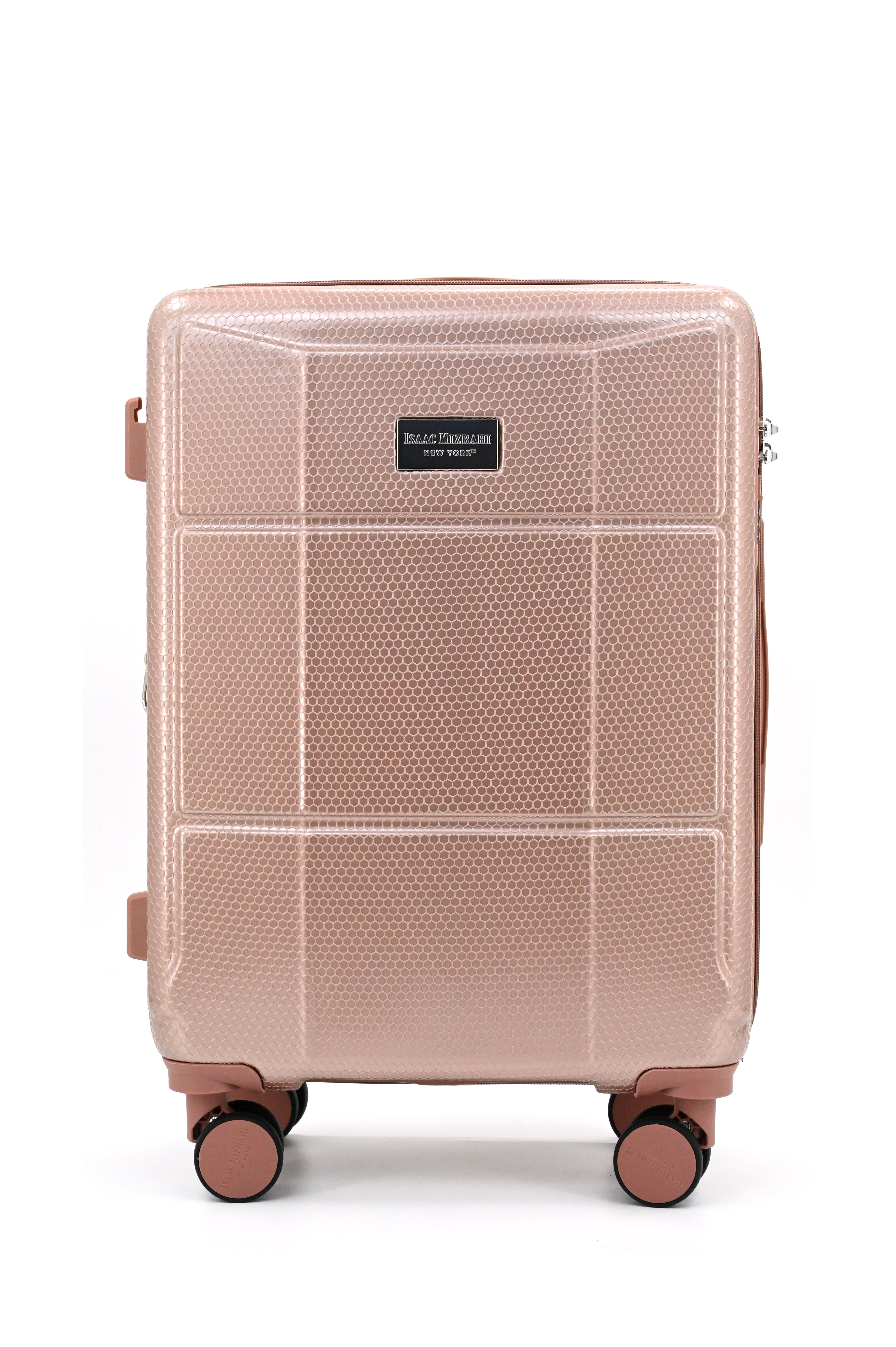 Rose gold suitcase with wheels on a white background